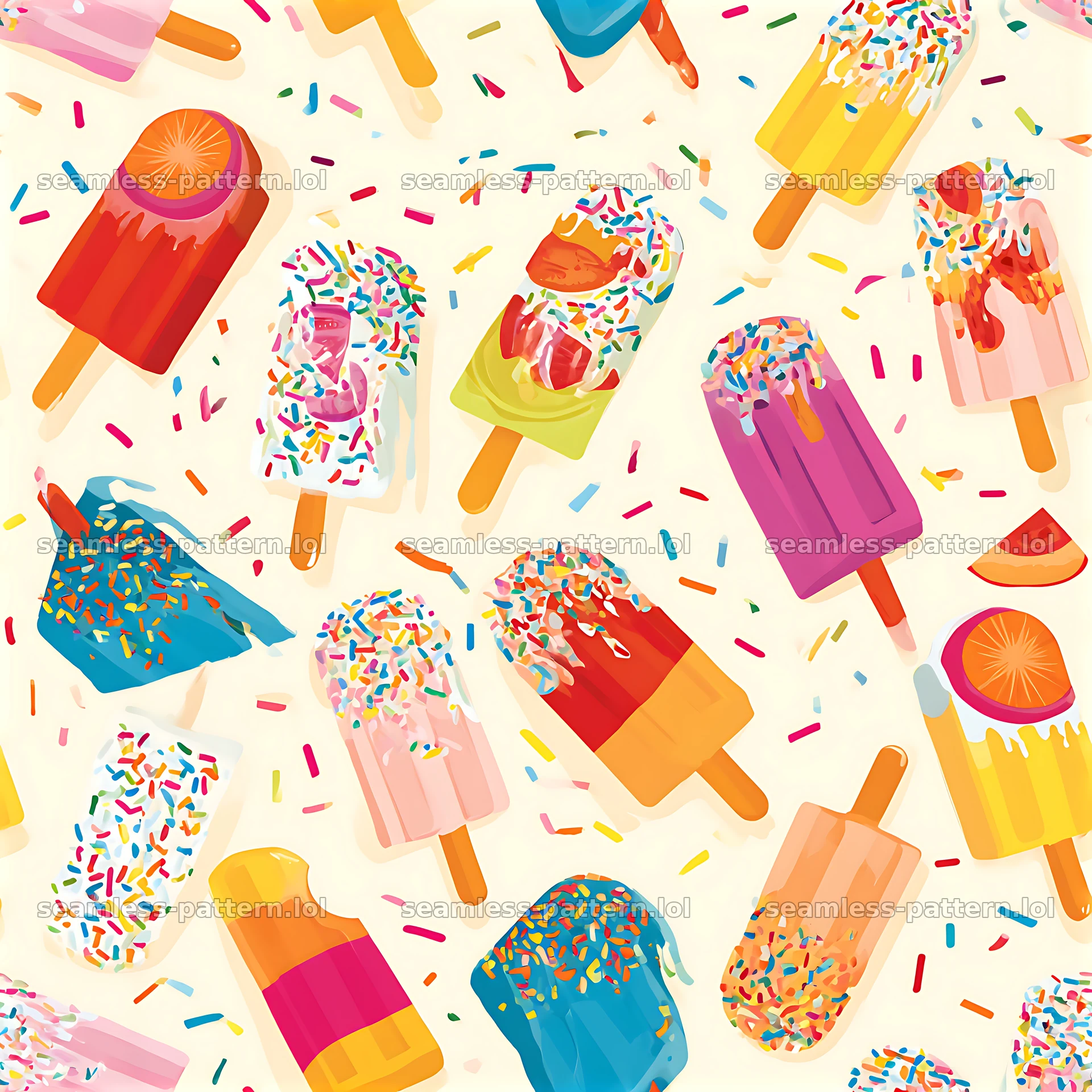 Colorful ice cream seamless pattern with various popsicles and cones — seamless tileable pattern at 8192x8192