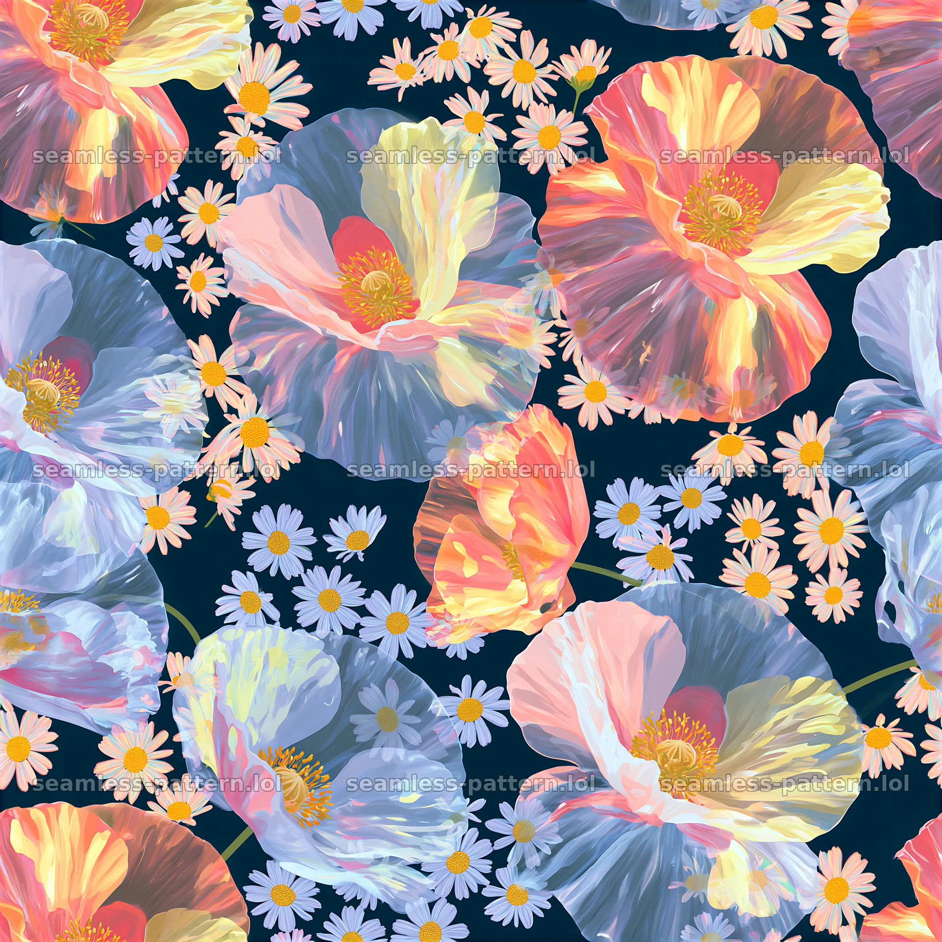 Rainbow floral repeat pattern featuring large flowers and daisies — seamless tileable pattern at 8192x8192