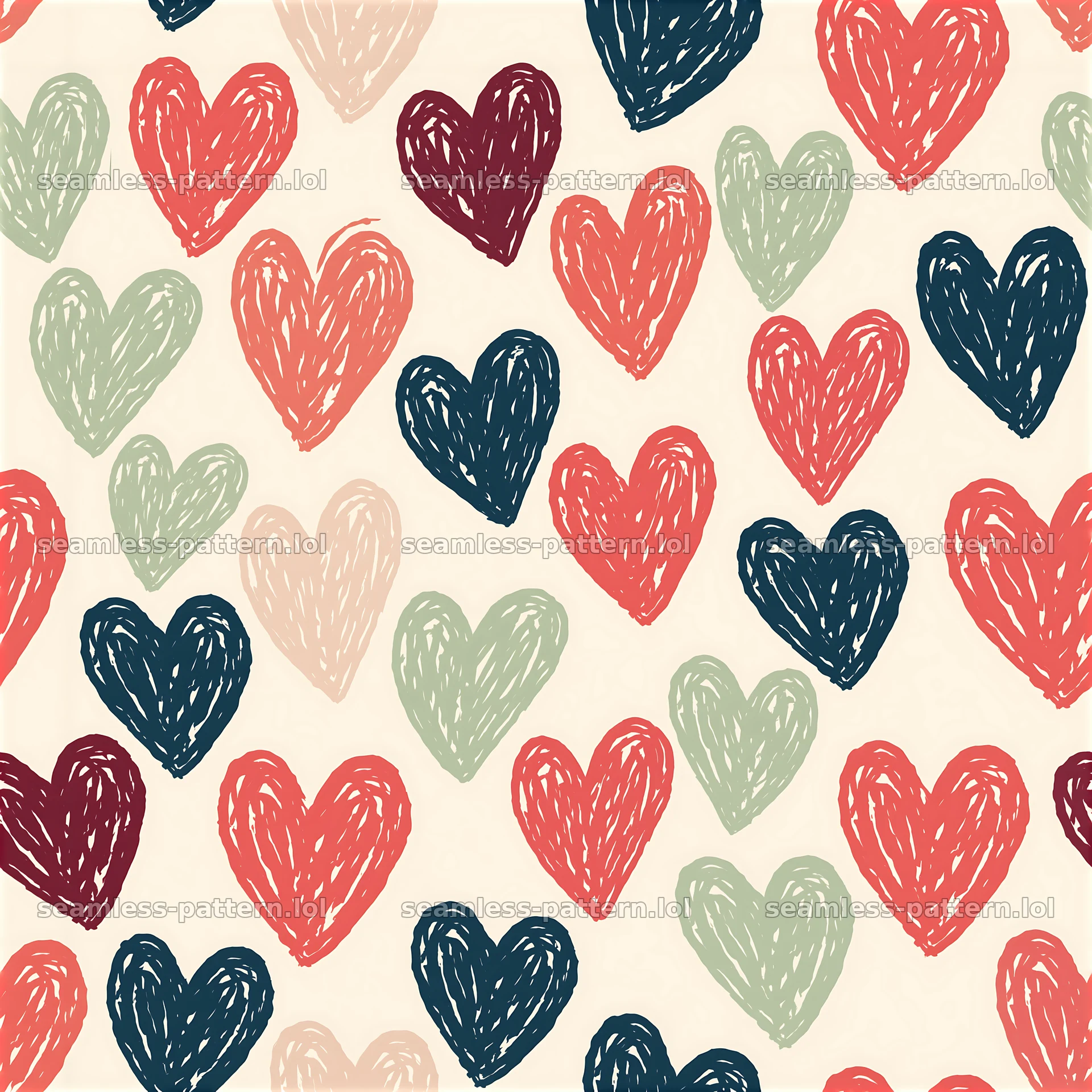 Naive heart doodles seamless pattern in various colors — seamless tileable pattern at 8192x8192