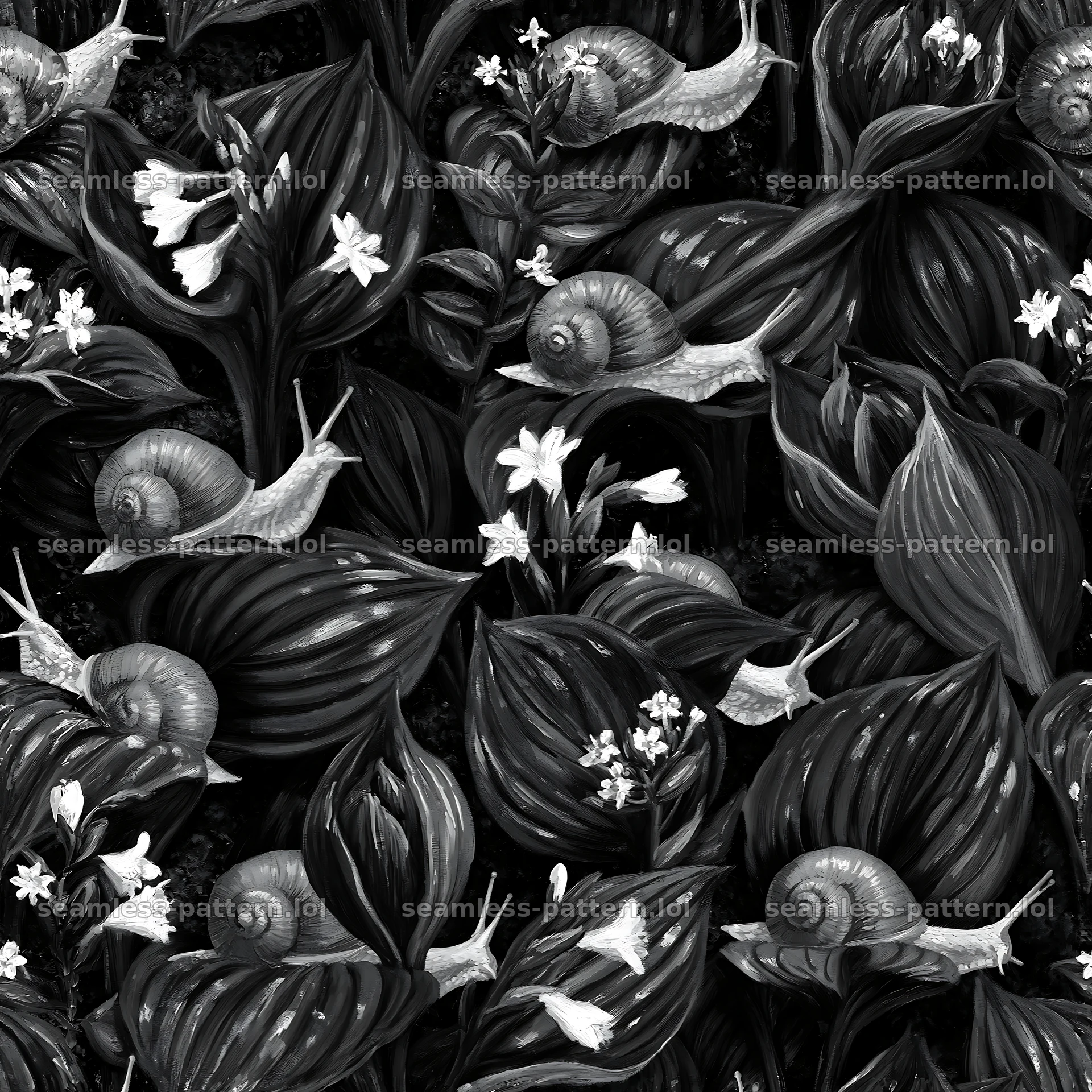 Red garden snail repeat pattern on leaves and flowers — seamless tileable pattern