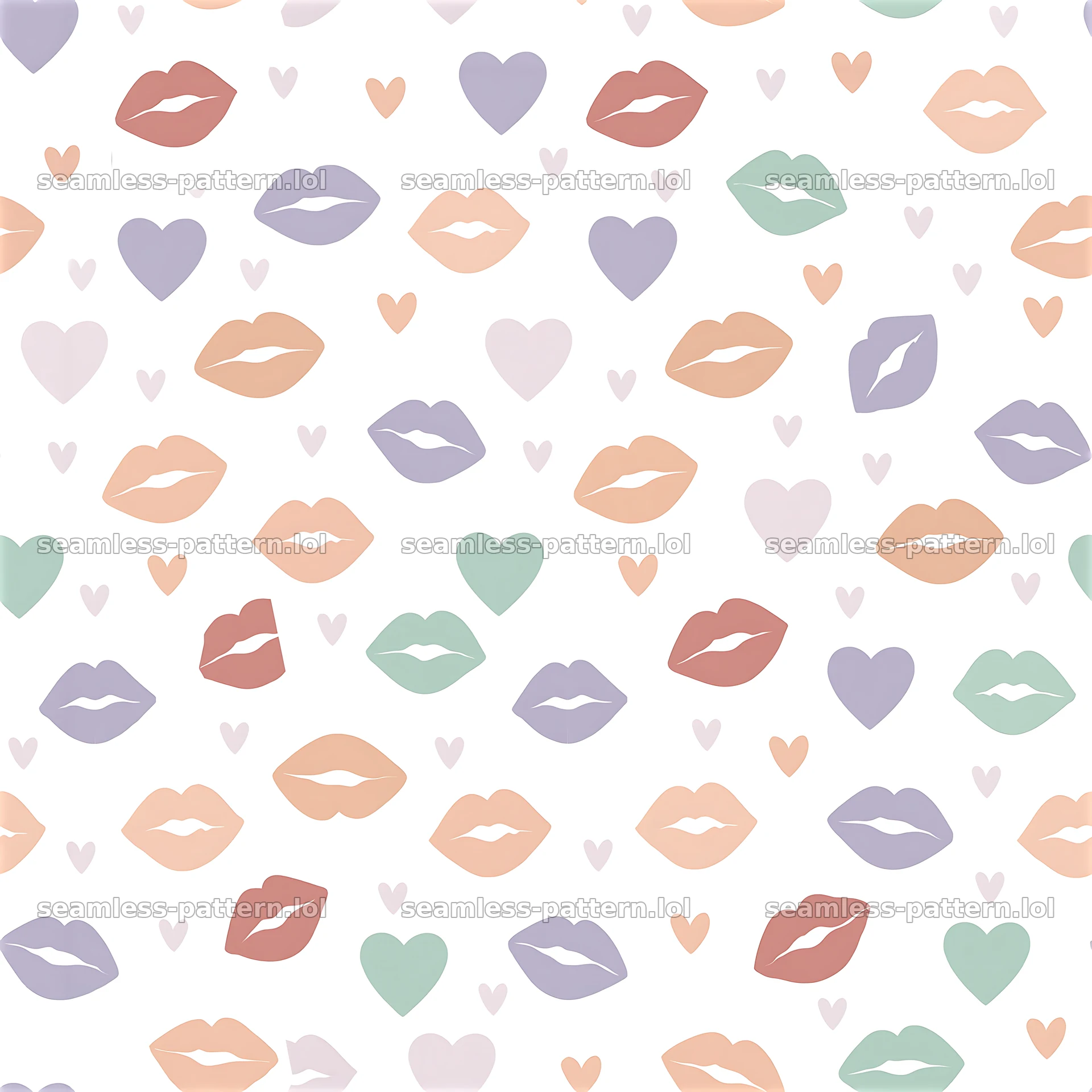 Repeating pattern with assorted lip shapes and hearts on white background — seamless tileable pattern at 8192x8192