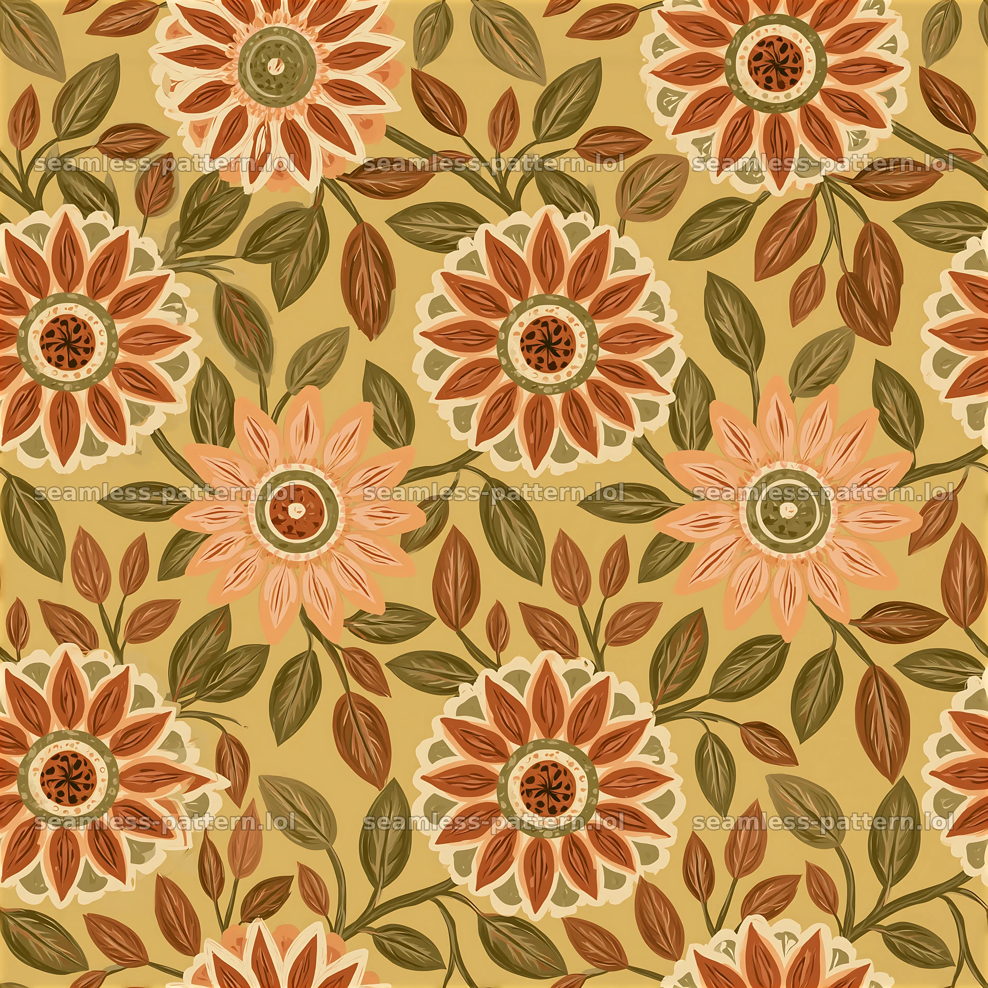 Vintage flower tileable pattern with sunflowers and leaves — seamless tileable pattern at 8192x8192