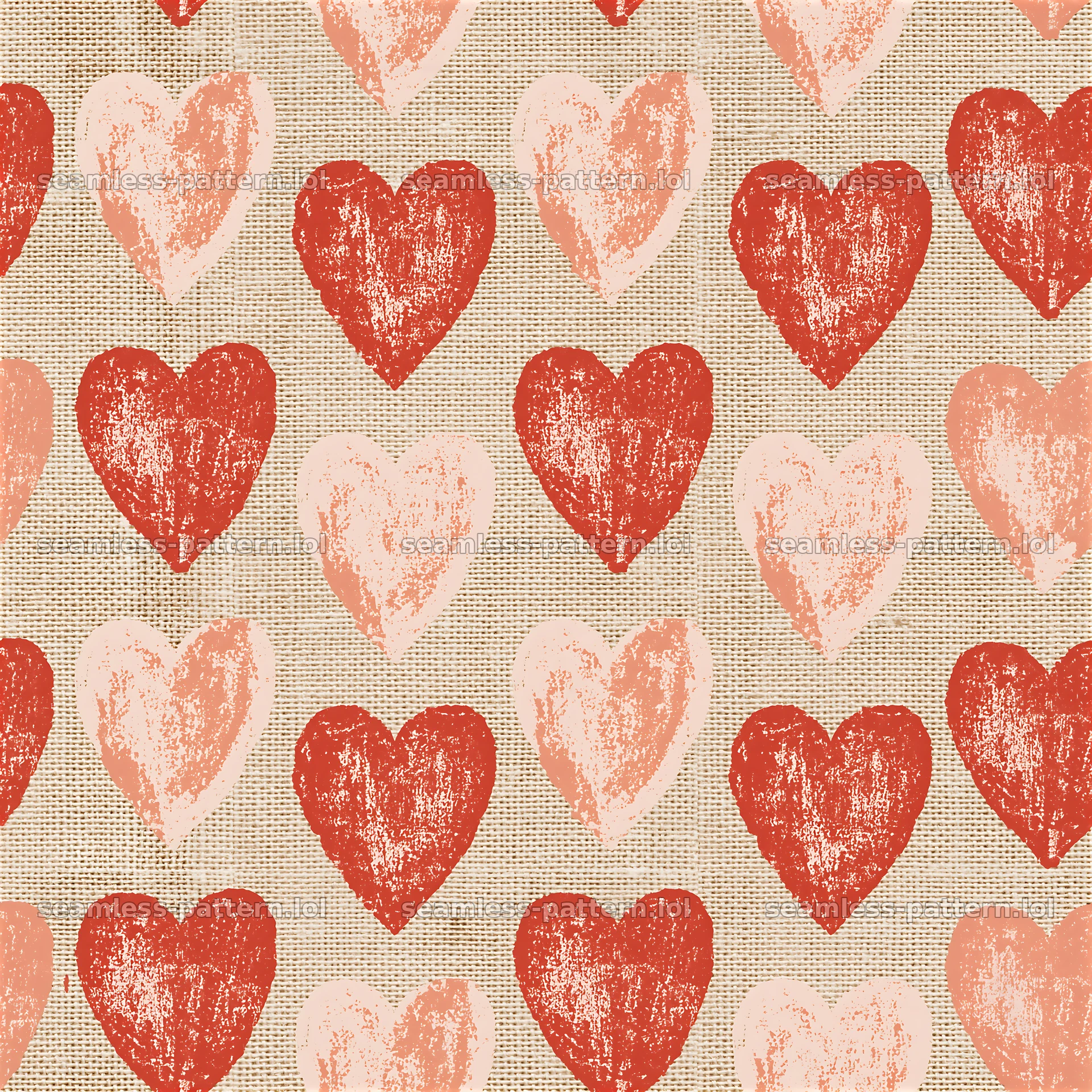 Tileable hearts pattern with red and pink hearts on a beige surface — seamless tileable pattern at 8192x8192