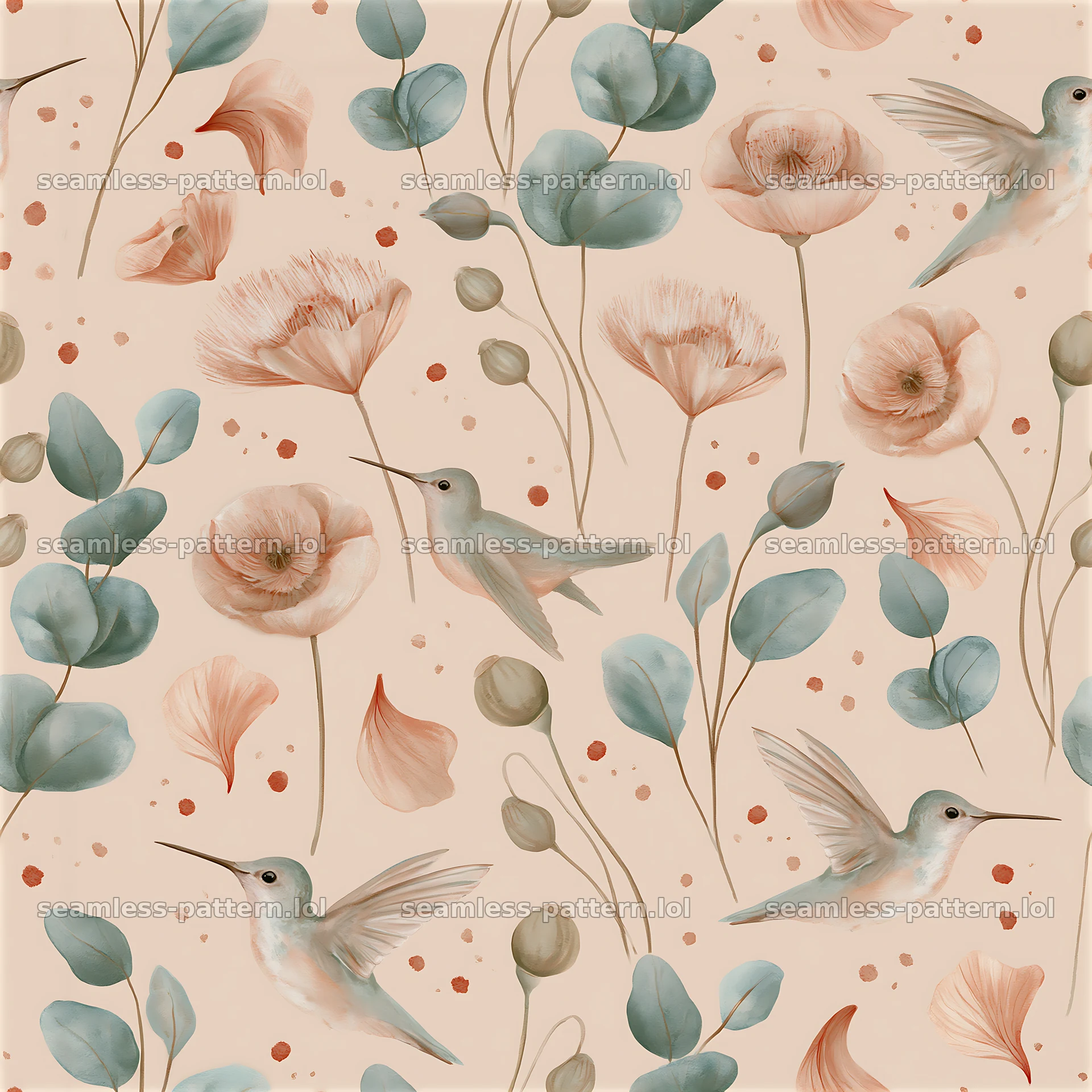 Seamless watercolor hummingbird pattern with flowers and leaves — seamless tileable pattern at 8192x8192