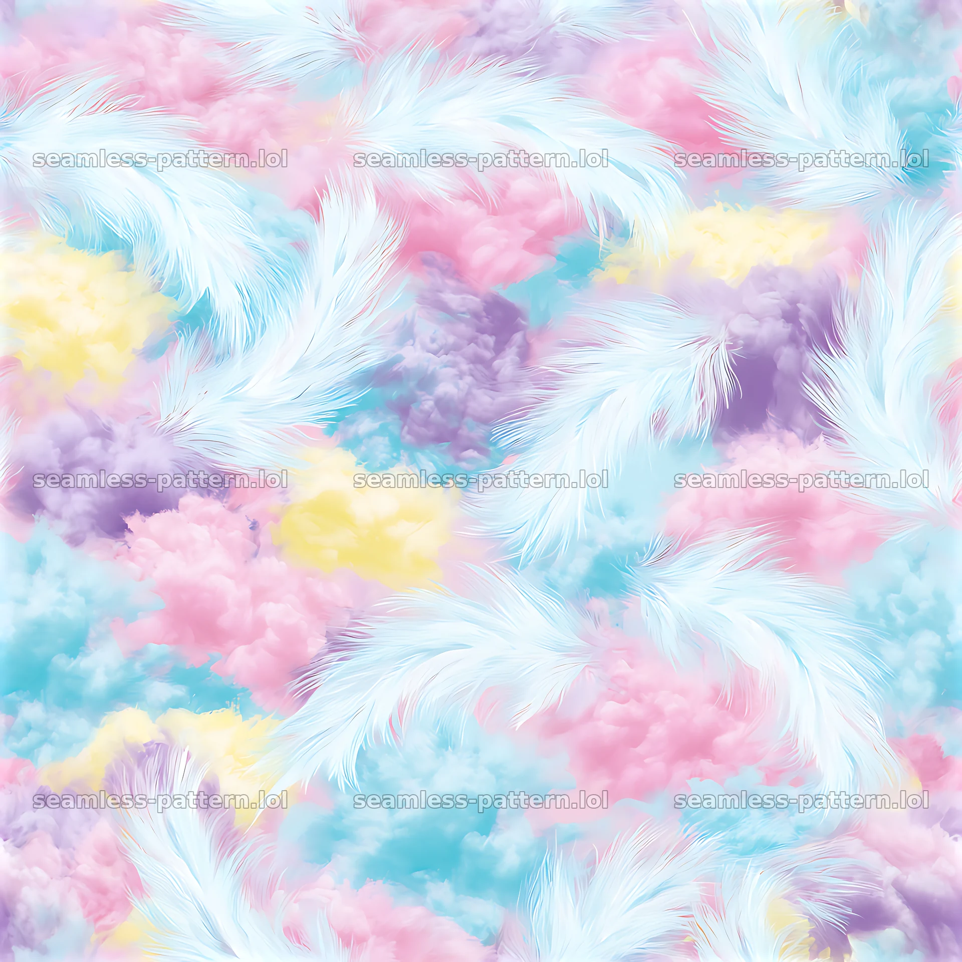 Tileable pattern of angel feathers and pastel clouds in a bright design — seamless tileable pattern at 8192x8192