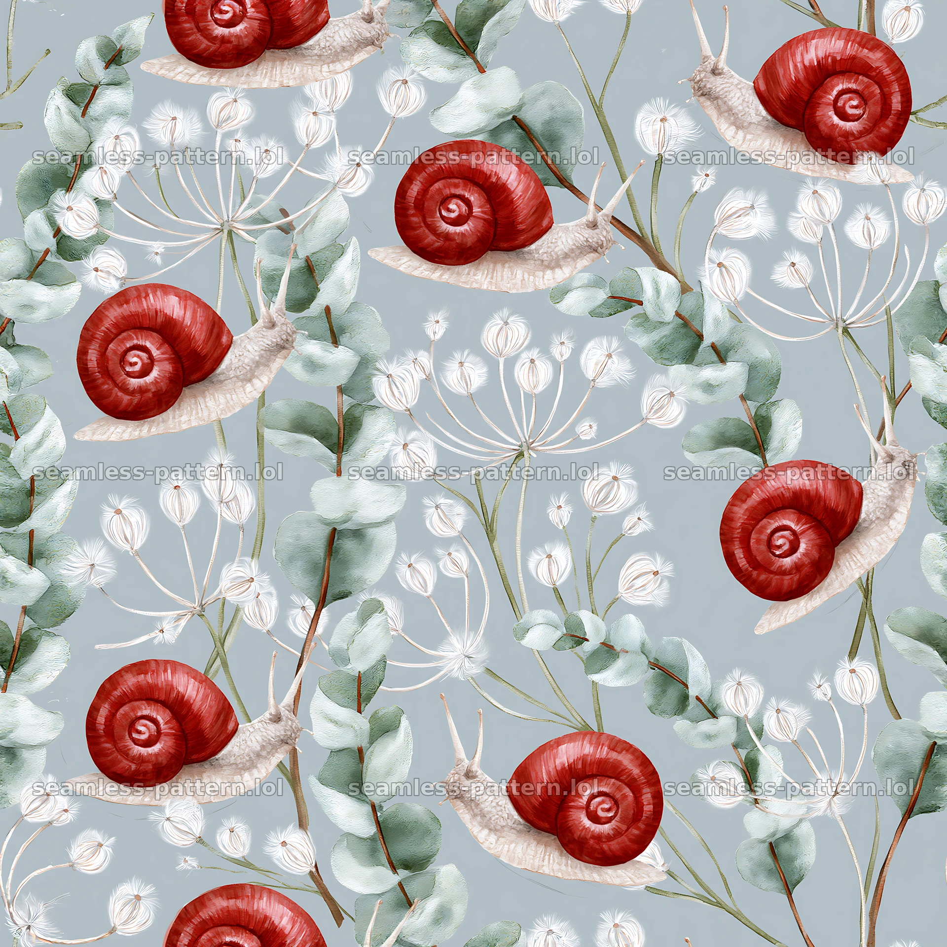 Red snail watercolor seamless pattern for fabric and wallpaper — seamless tileable pattern