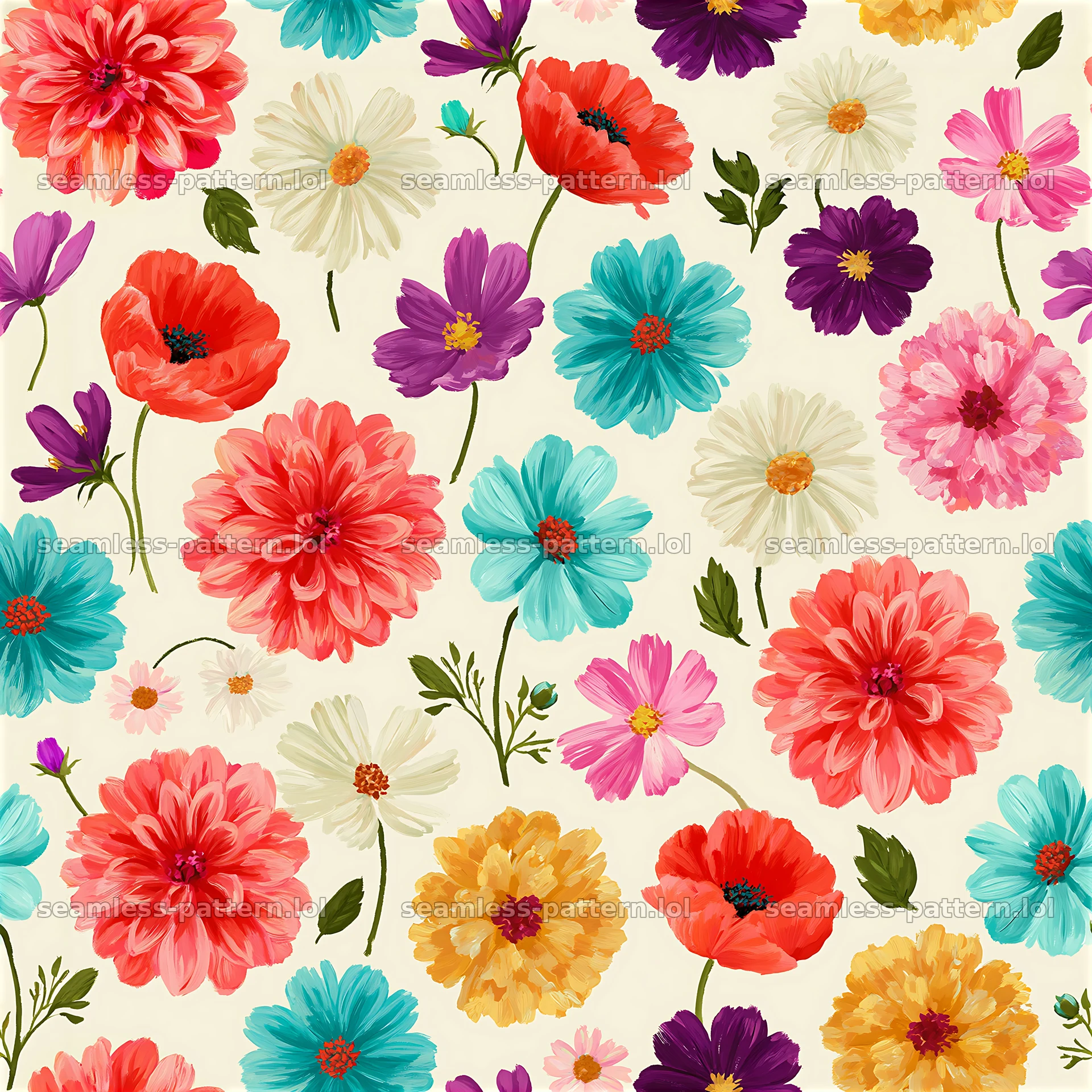 Colorful garden flowers repeat pattern with bright blooms and green leaves — seamless tileable pattern at 8192x8192