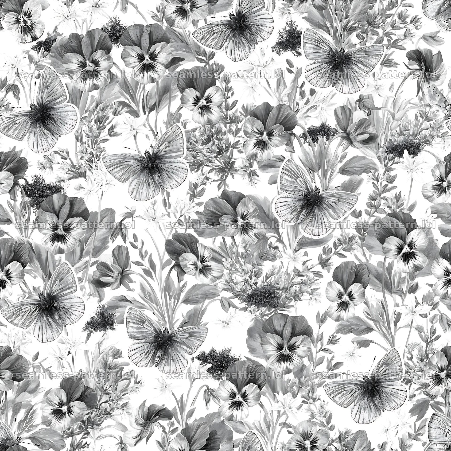 Fairy garden butterfly seamless pattern in black and white — seamless tileable pattern