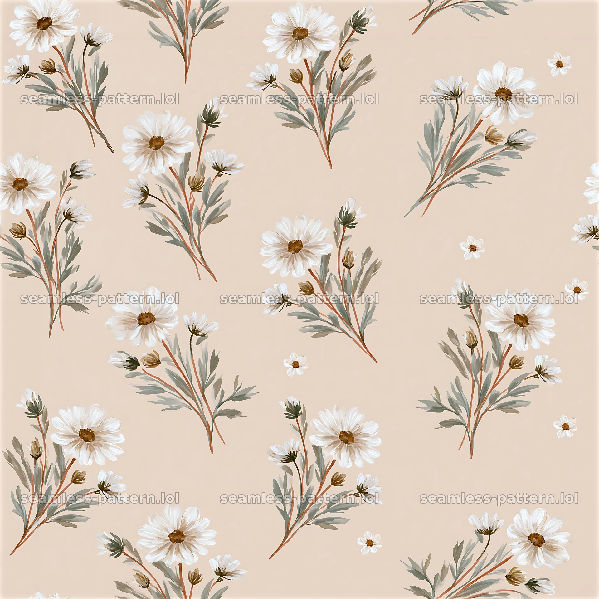 Tileable watercolor floral sprig pattern with white blossoms — seamless tileable pattern at 8192x8192