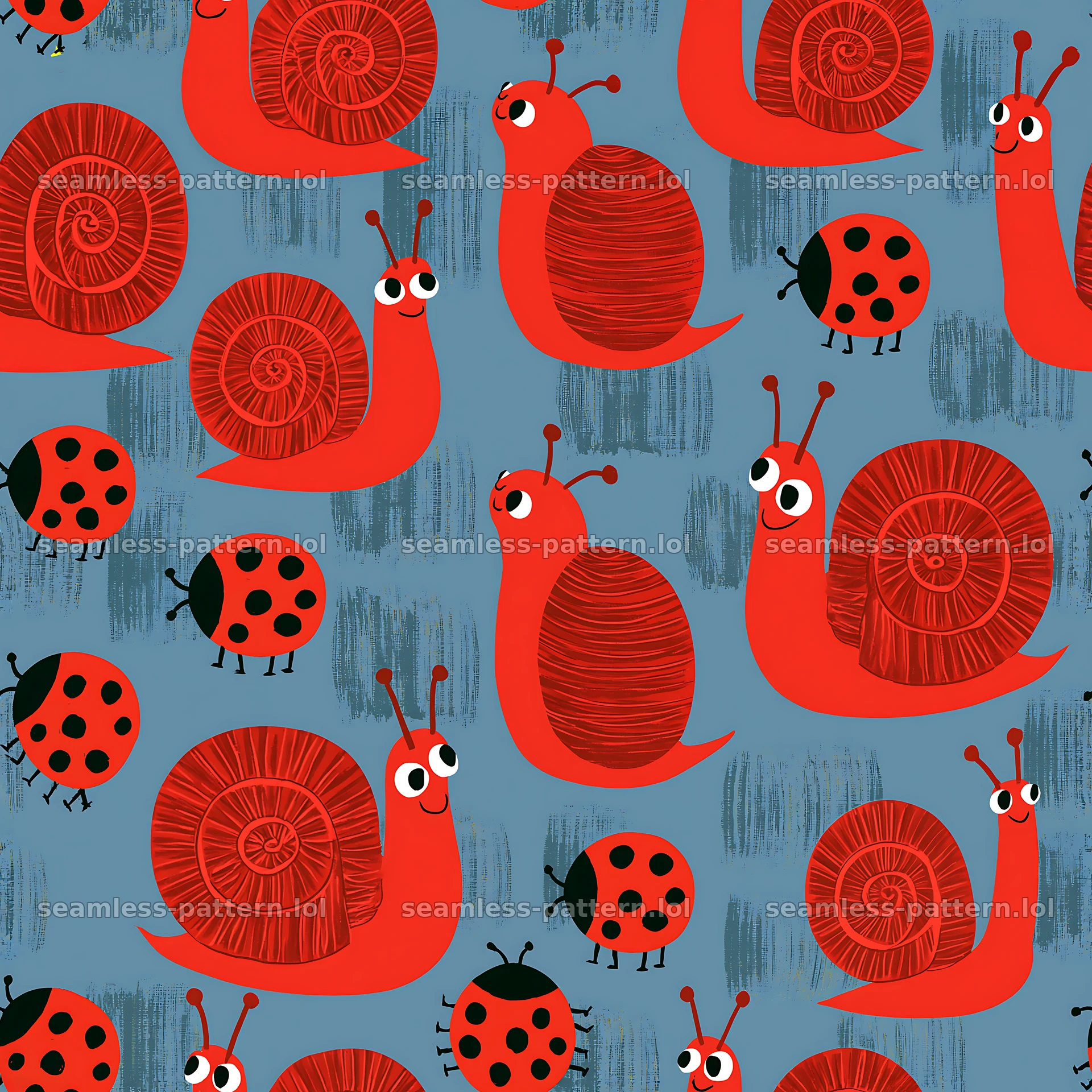 Red snail pattern with ladybugs repeat pattern — seamless tileable pattern