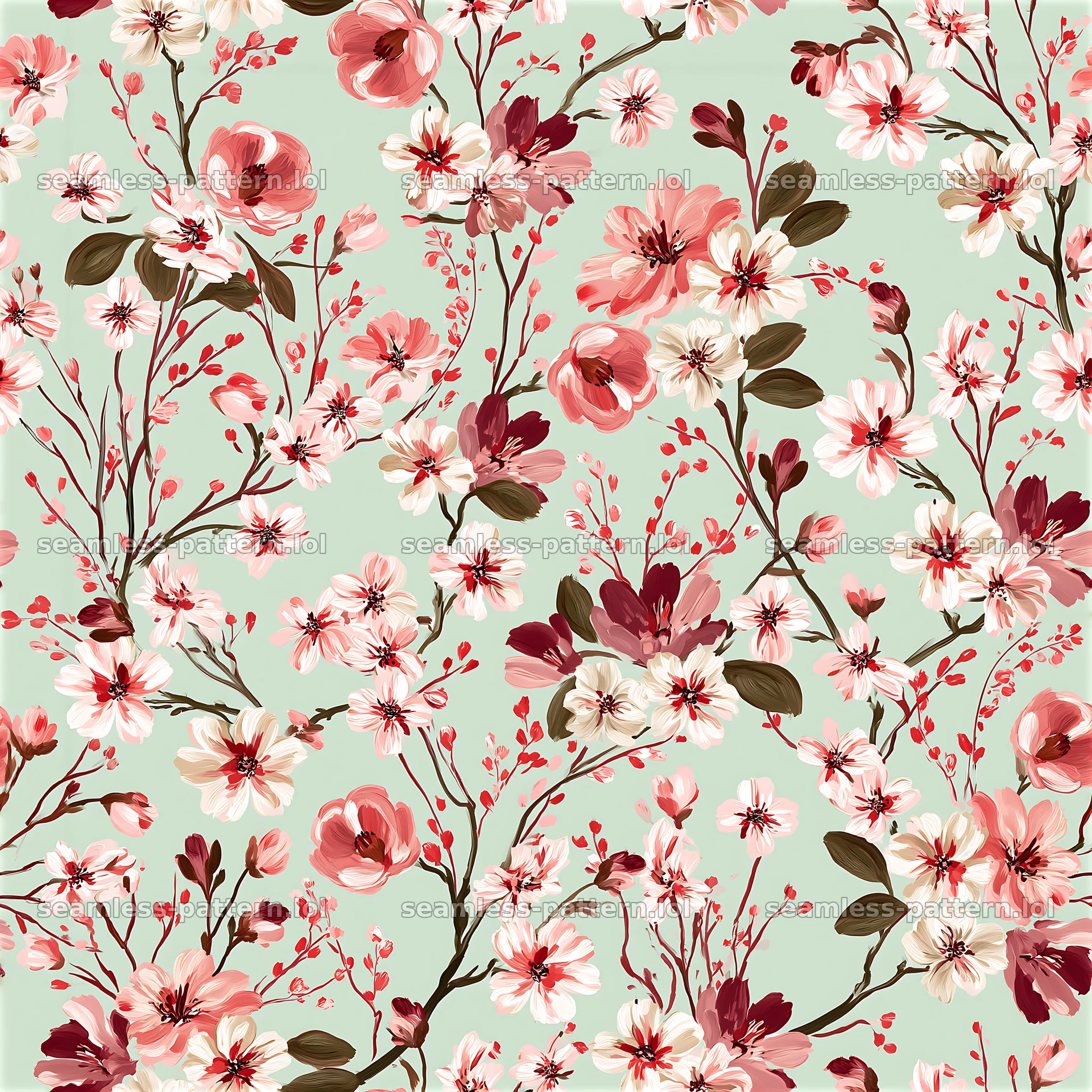 Repeat hand painted floral pattern with blooms in pink and red — seamless tileable pattern at 8192x8192