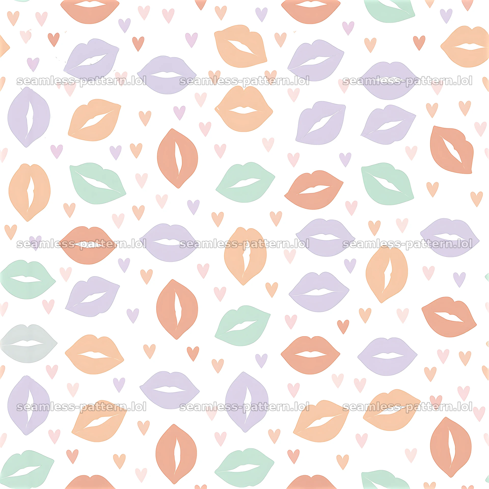 Repeating pattern with assorted lip shapes and hearts in pastel colors — seamless tileable pattern at 8192x8192