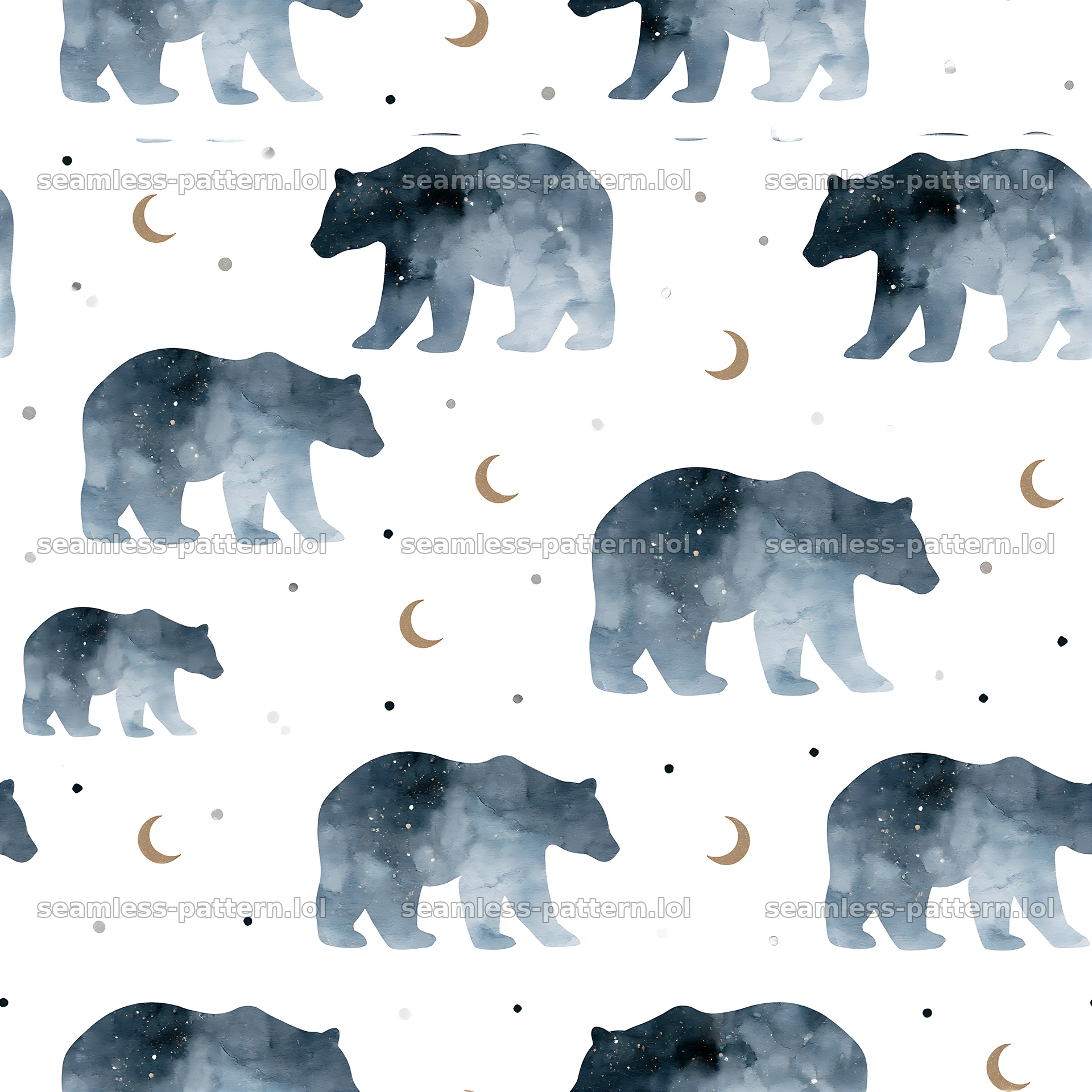 Seamless watercolor bear pattern with stars and moons — seamless tileable pattern at 8192x8192