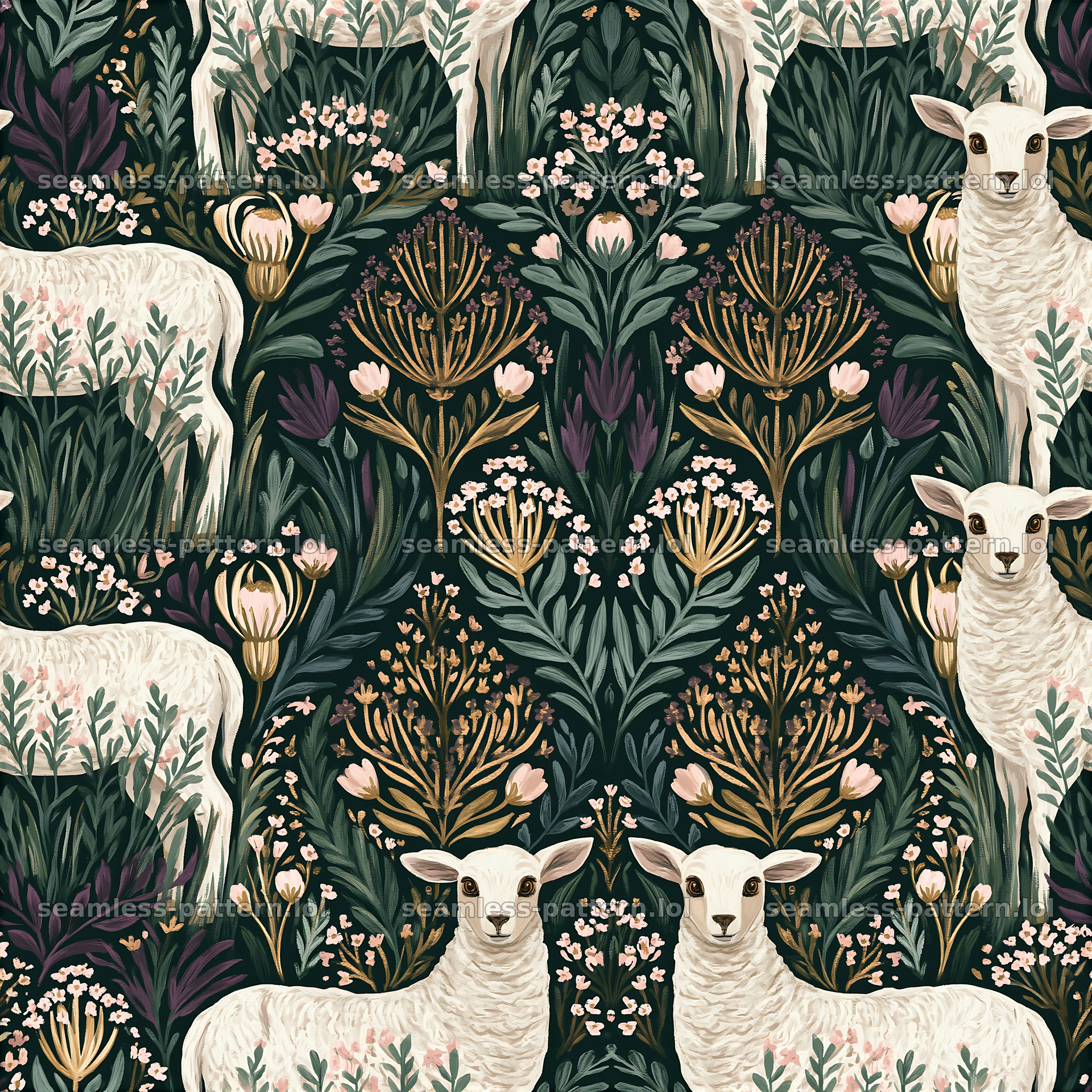 Repeat pattern with gentle lamb illustrations and meadow flowers — seamless tileable pattern at 8192x8192