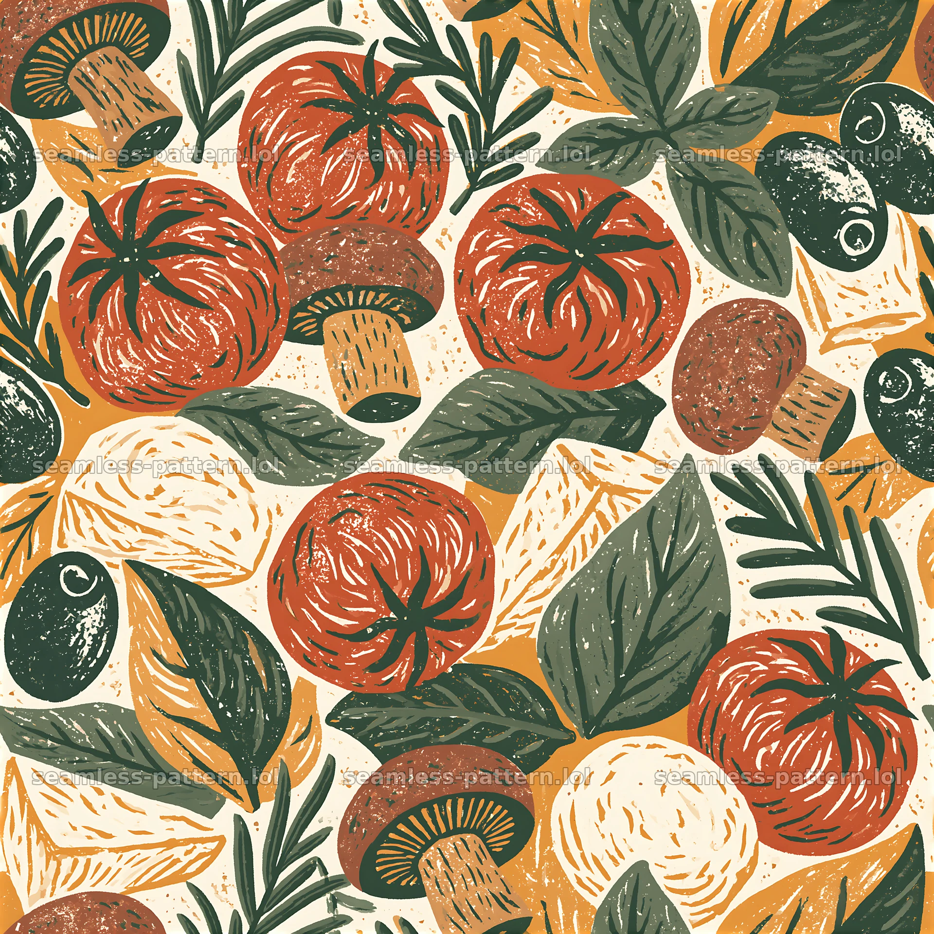 Pattern/seamless pizza ingredient pattern with tomatoes and herbs — seamless tileable pattern at 8192x8192