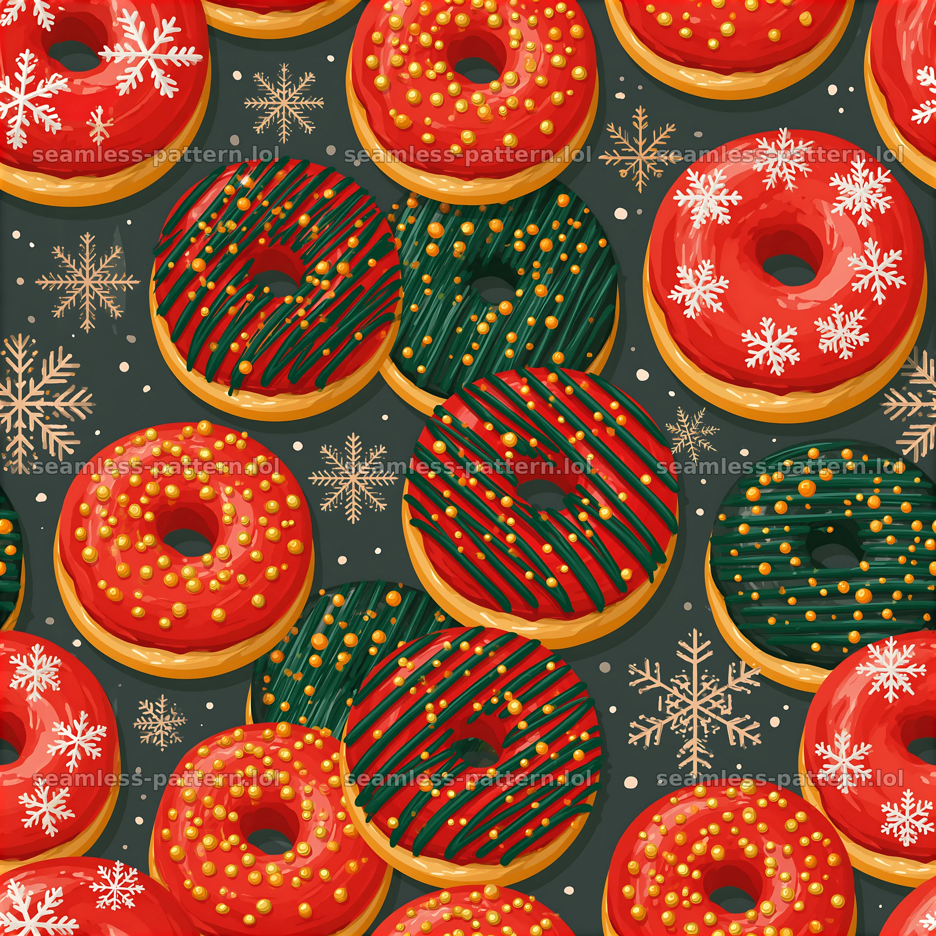 Colorful Christmas seamless pattern with festive donuts features donuts — seamless tileable pattern at 8192x8192