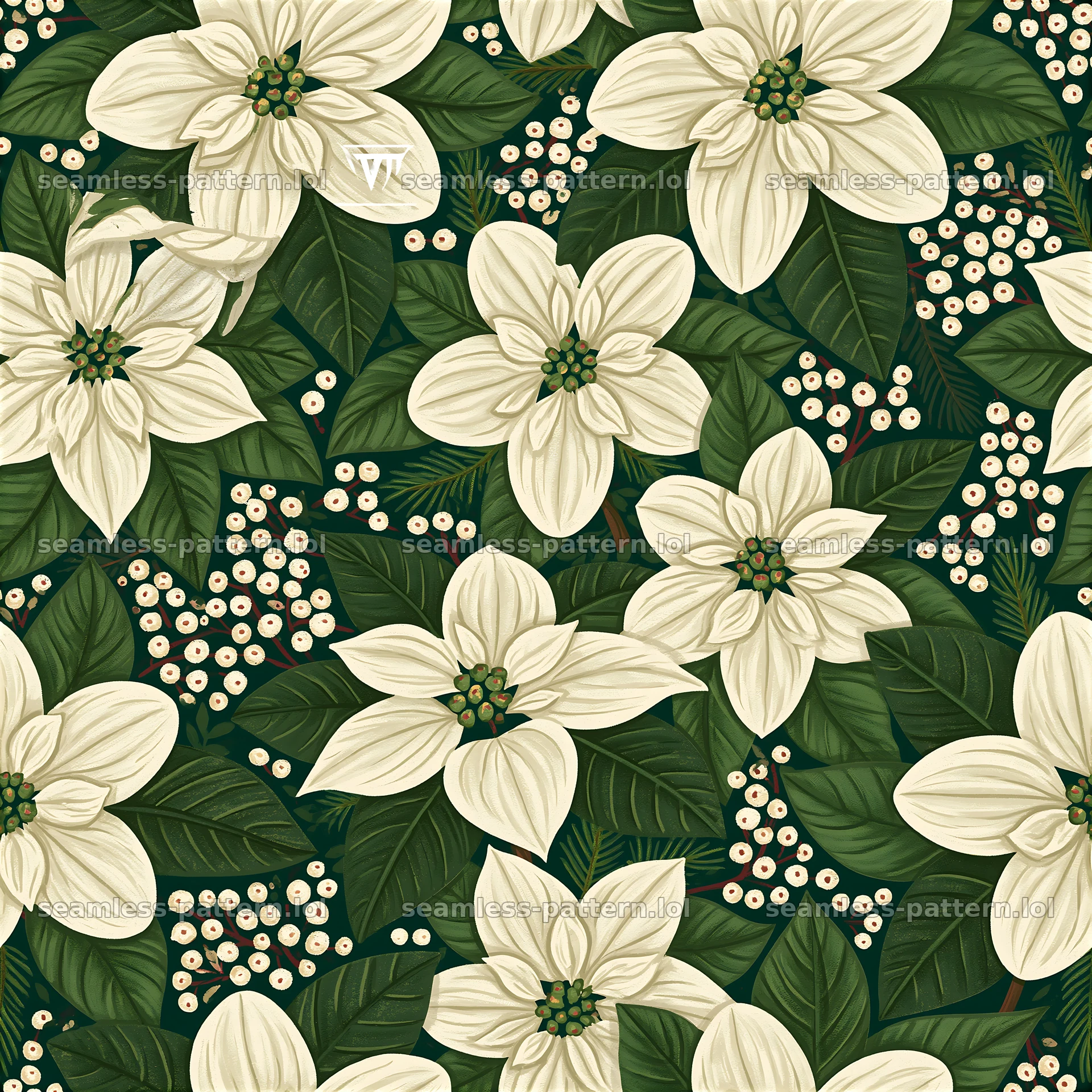 Seamless Christmas card pattern with white flowers and green leaves — seamless tileable pattern at 8192x8192