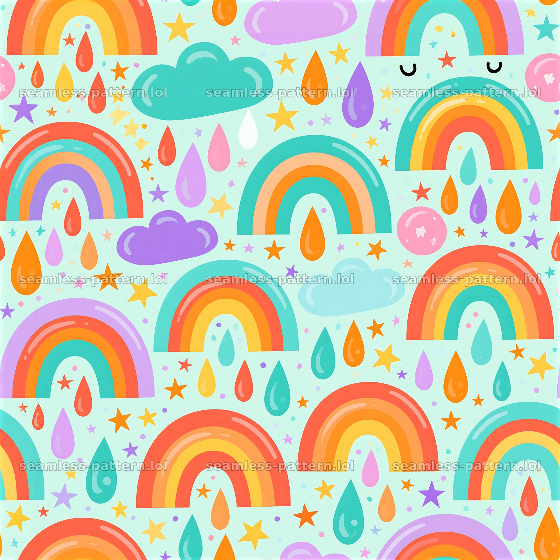 Colorful rainbow seamless pattern for kids with clouds and stars — seamless tileable pattern at 8192x8192