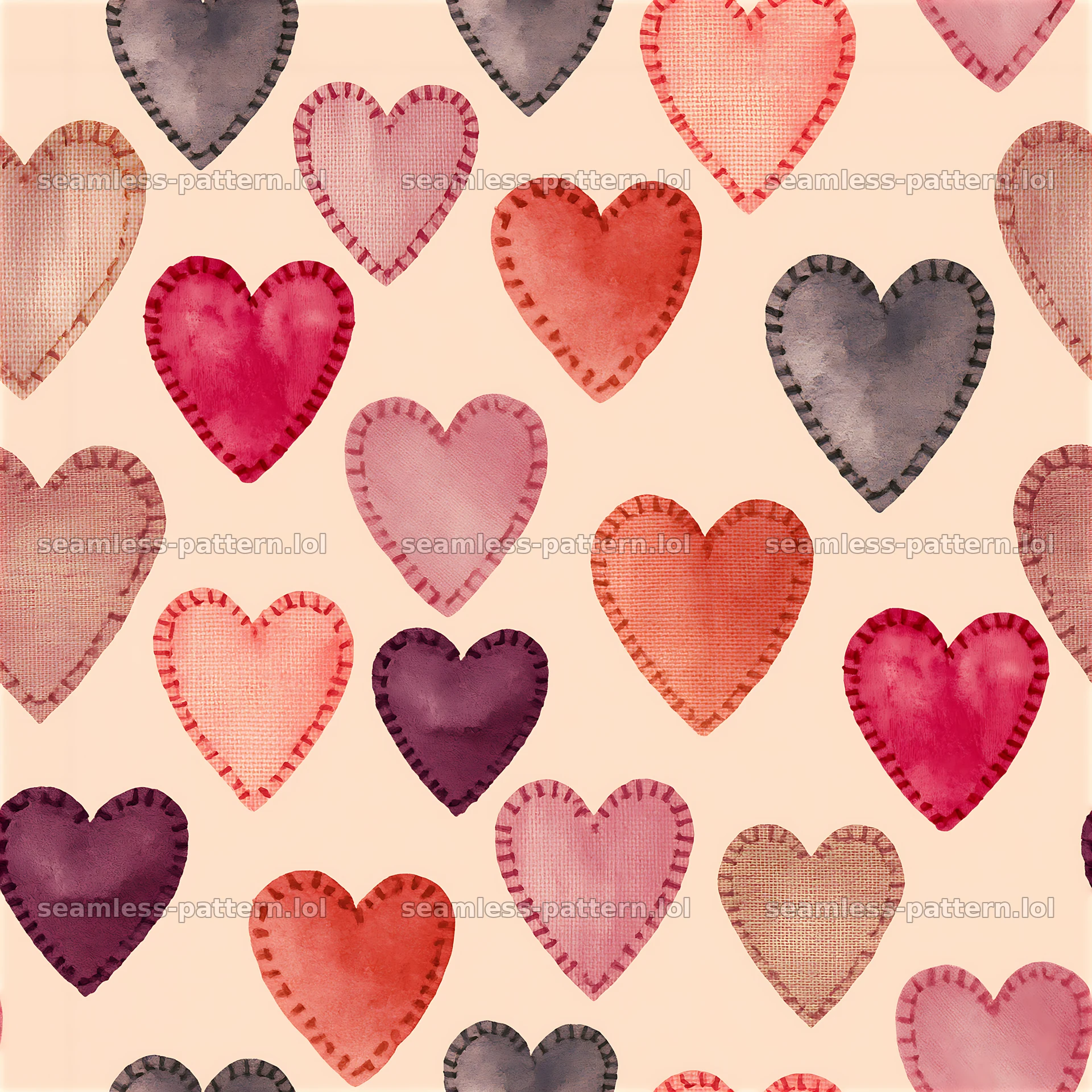 Stitched hearts repeating pattern with various colors and styles — seamless tileable pattern at 8192x8192