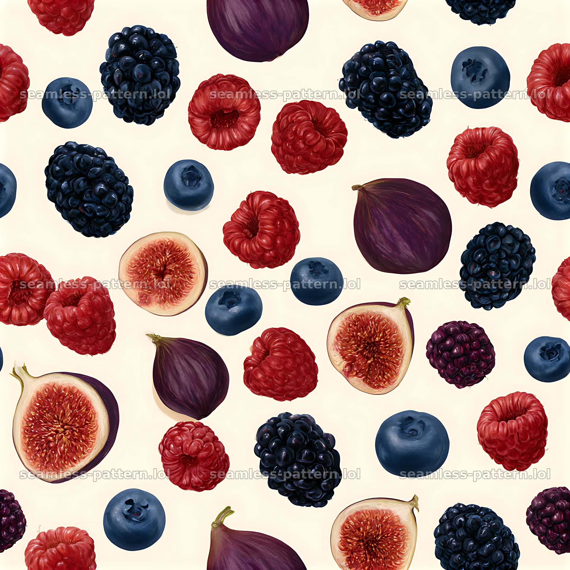 Colorful fruit seamless pattern with figs, berries, and blue fruits — seamless tileable pattern at 8192x8192