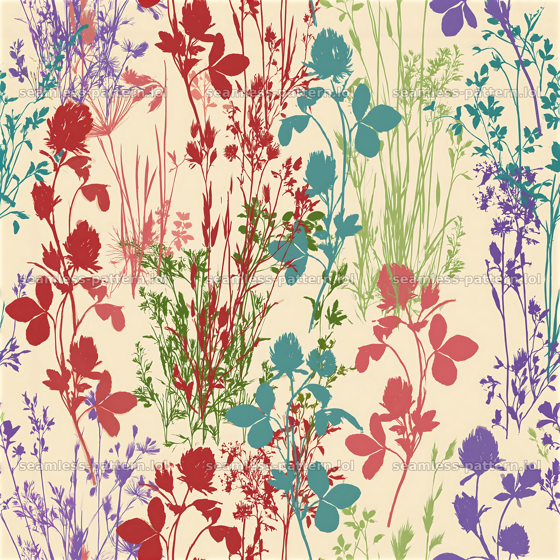 Vivid botanical silhouettes seamless pattern featuring colorful plants — seamless tileable pattern at 8192x8192