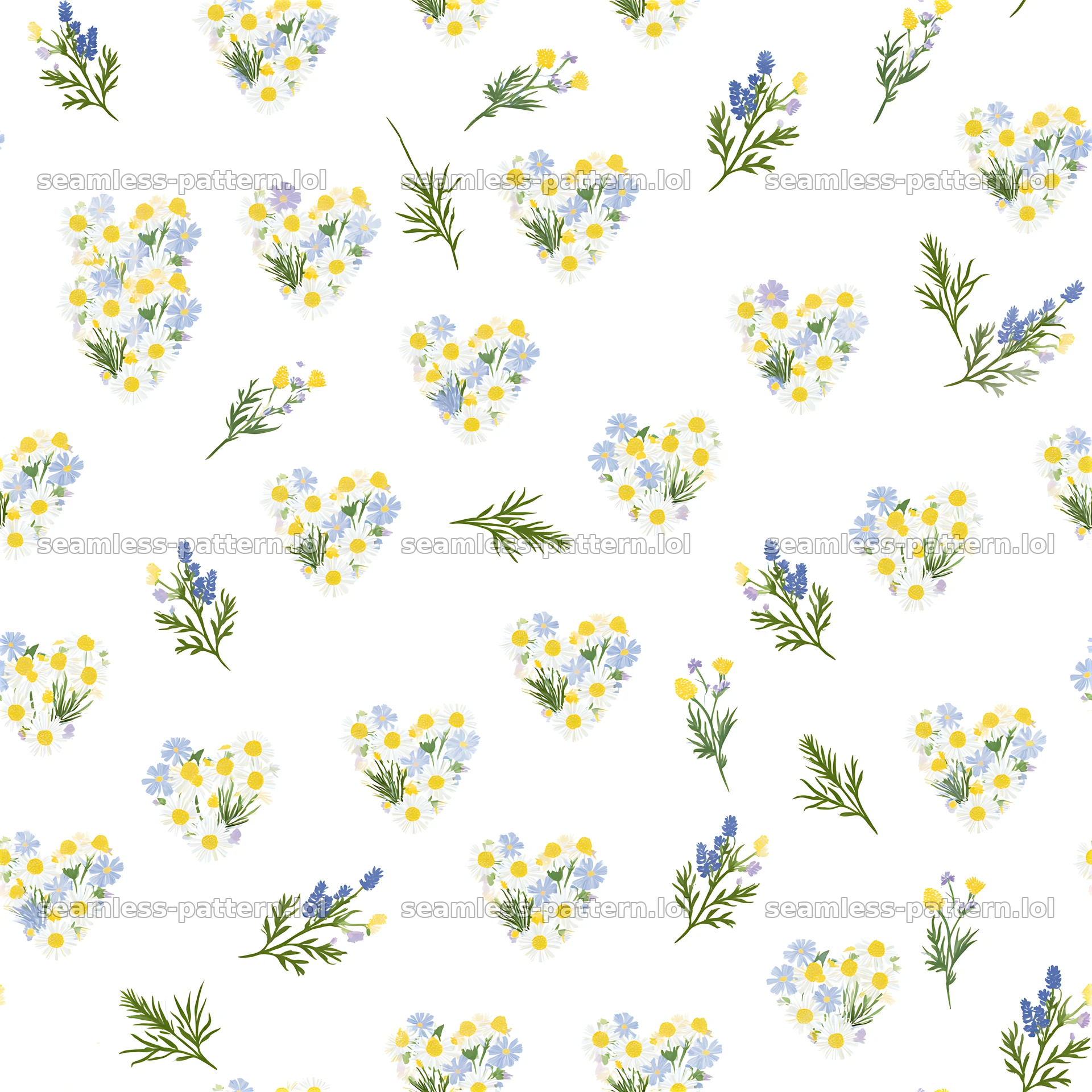 Seamless botanical heart pattern with flowers and greenery on white background — seamless tileable pattern at 8192x8192