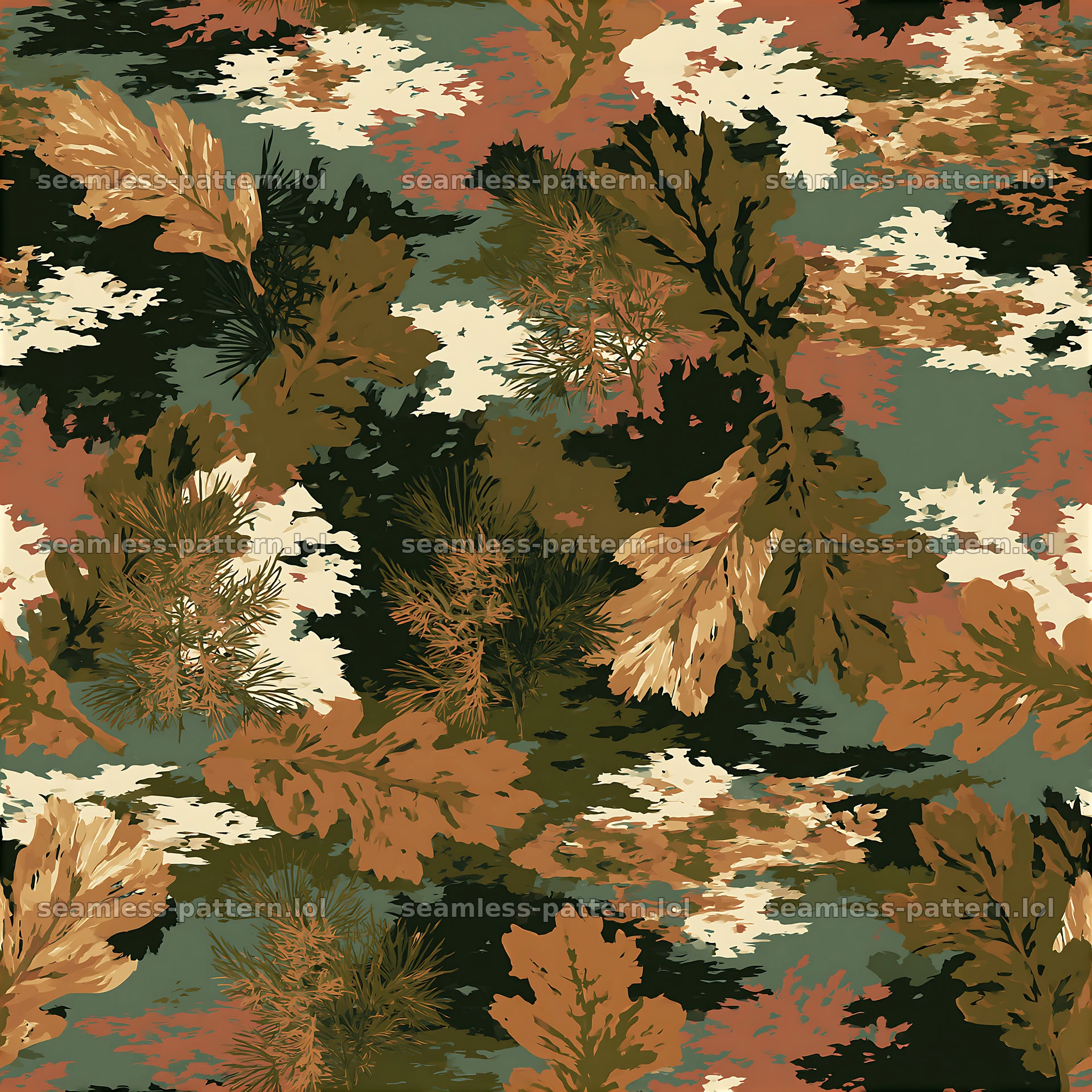 Repeat pattern with woodland camouflage patches — seamless tileable pattern at 8192x8192