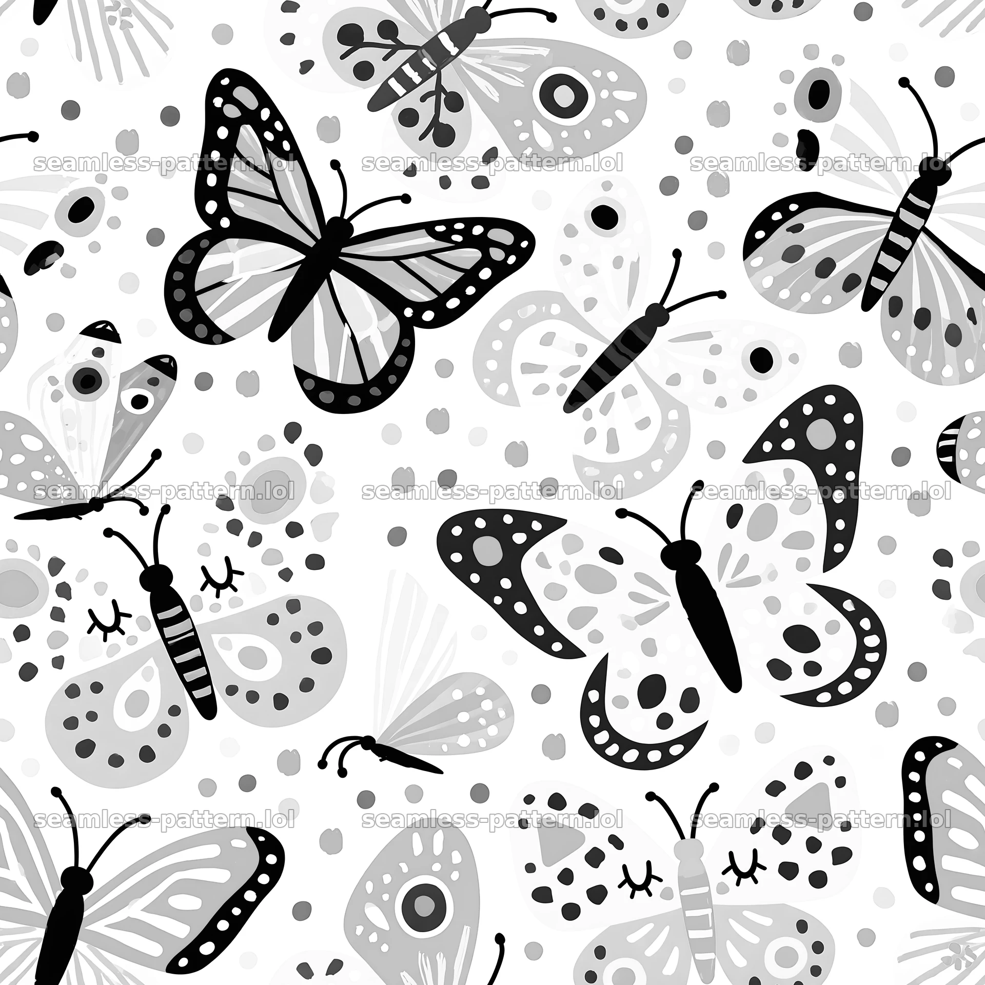 Cartoon butterfly seamless pattern in black and white — seamless tileable pattern