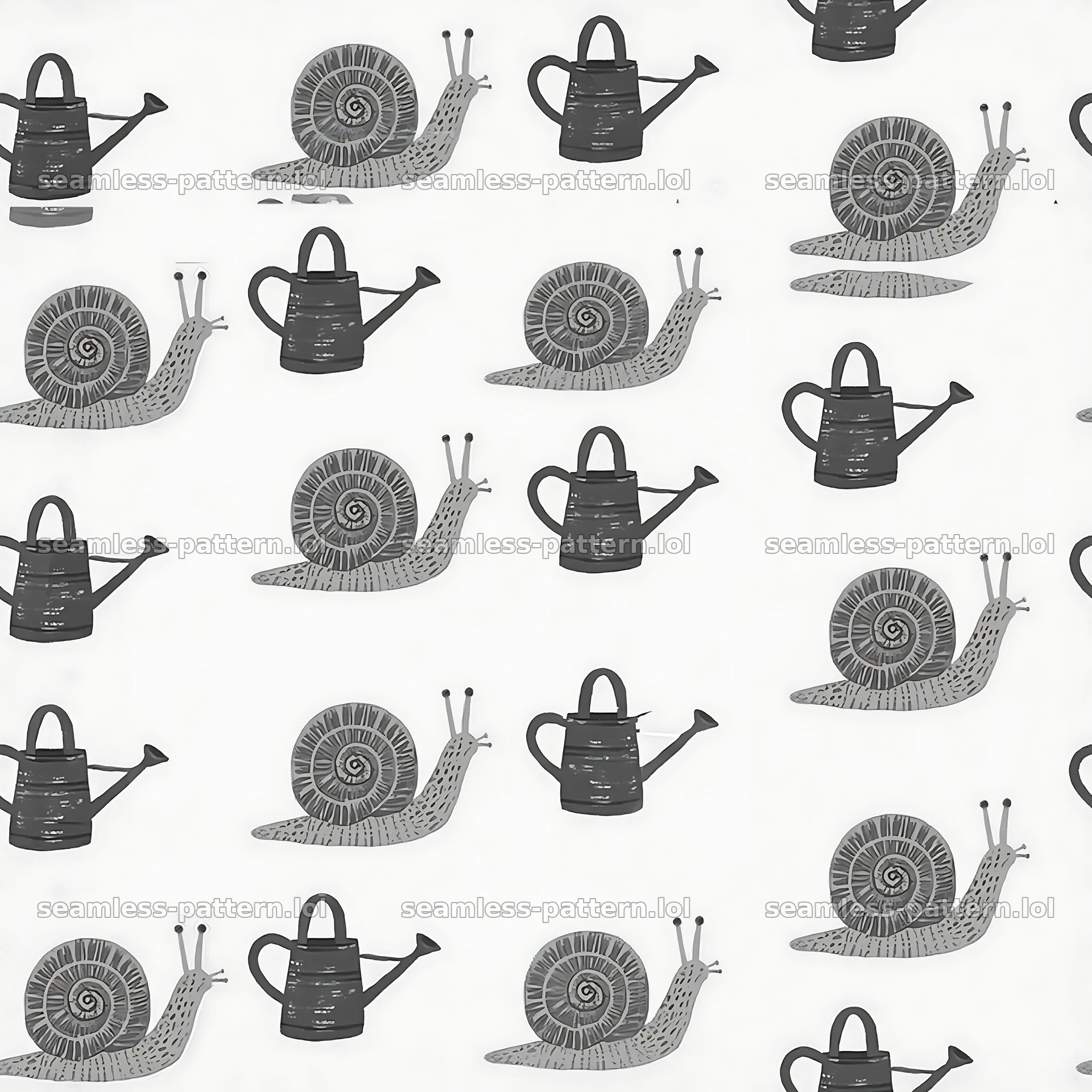 Seamless red snail pattern with watering cans — seamless tileable pattern