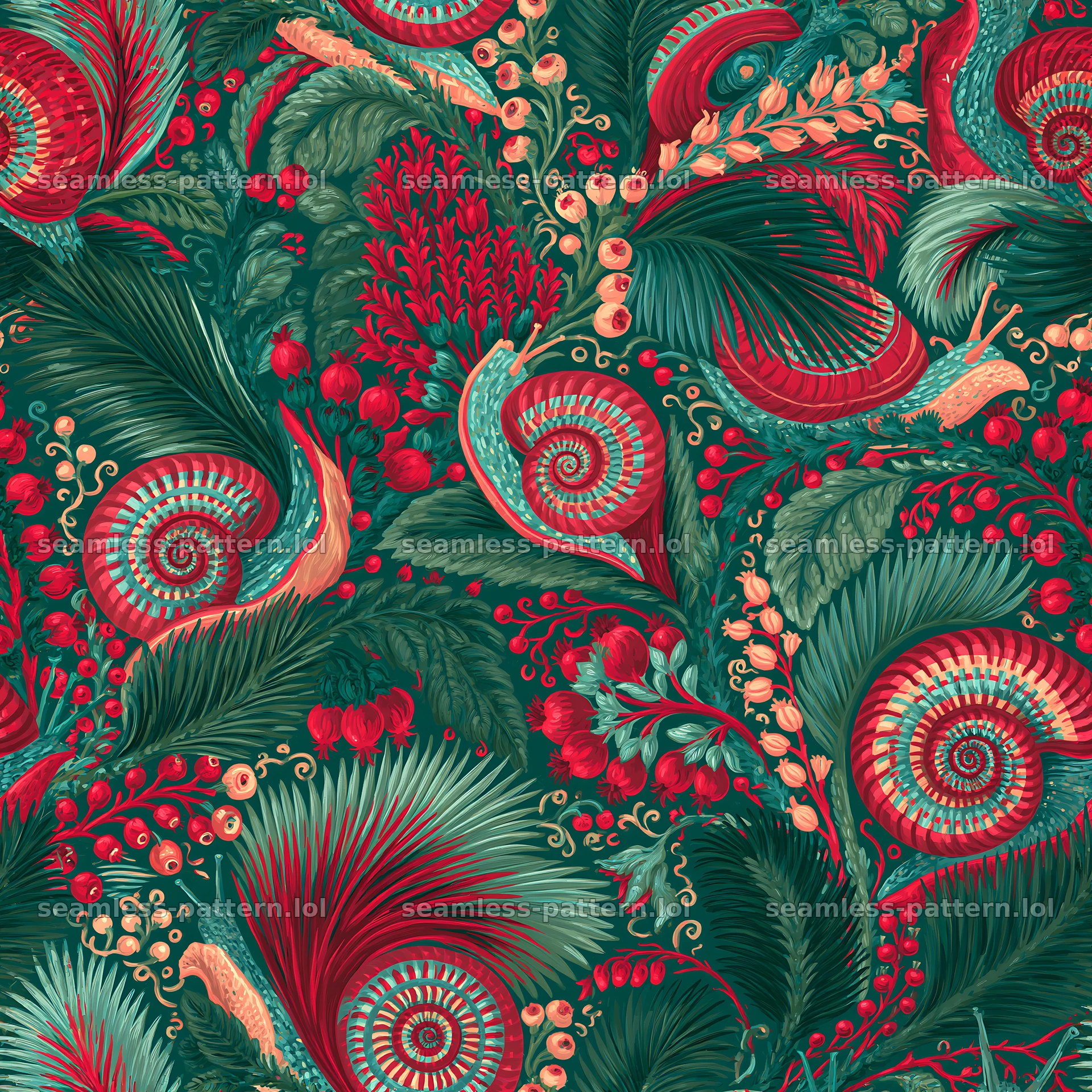 Crimson snail repeating pattern for textiles and wallpaper — seamless tileable pattern