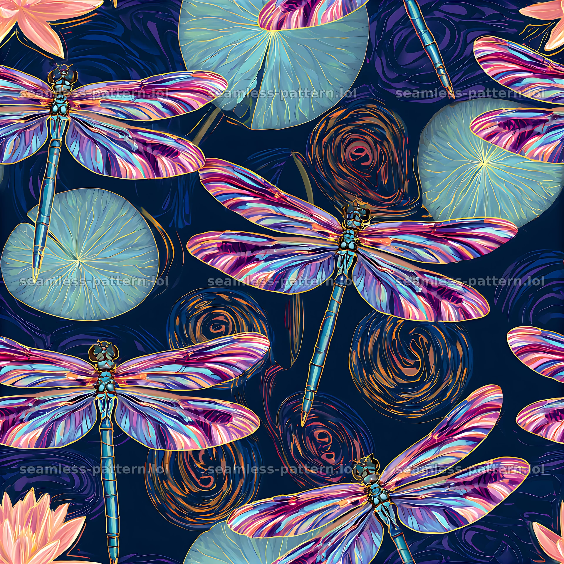 Colorful dragonfly seamless pattern with lily pads and flowers — seamless tileable pattern at 8192x8192