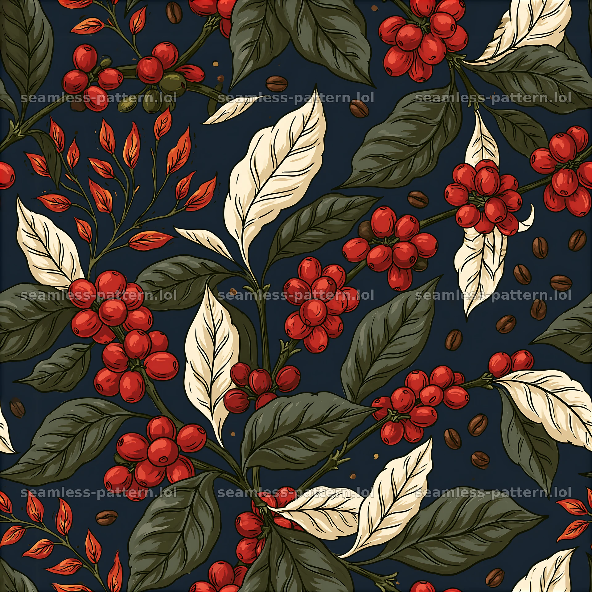 Pattern/seamless coffee packaging pattern with red berries and leaves — seamless tileable pattern at 8192x8192