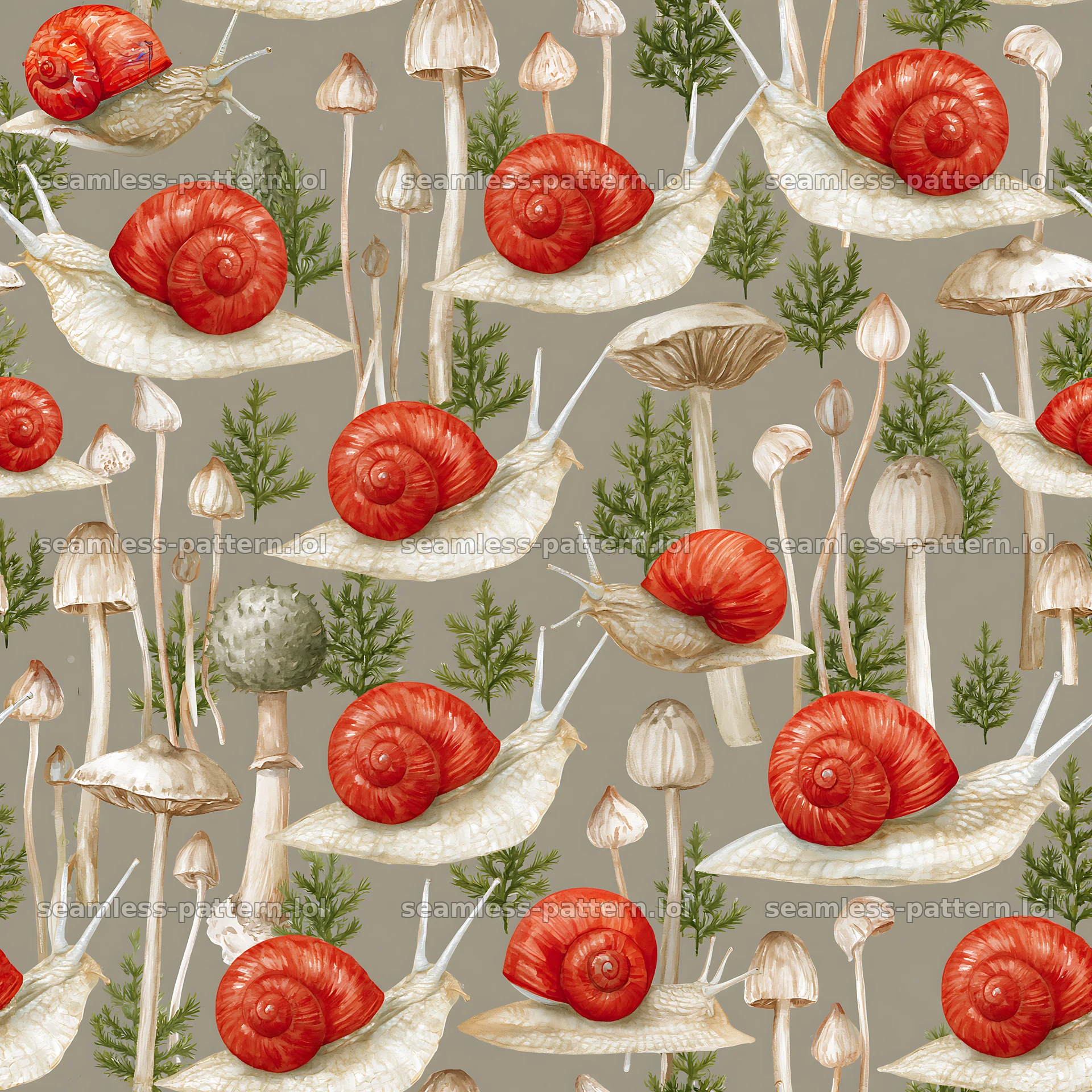 Red snail with mushrooms seamless pattern for textiles — seamless tileable pattern