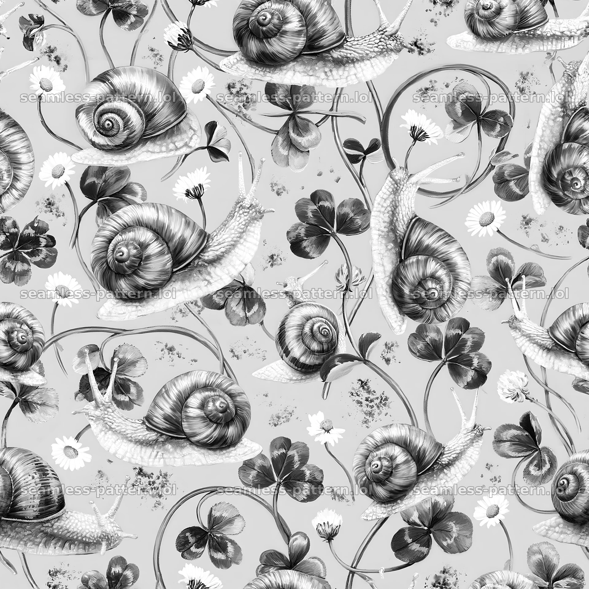 Seamless pattern with realistic garden snails and flowers — seamless tileable pattern