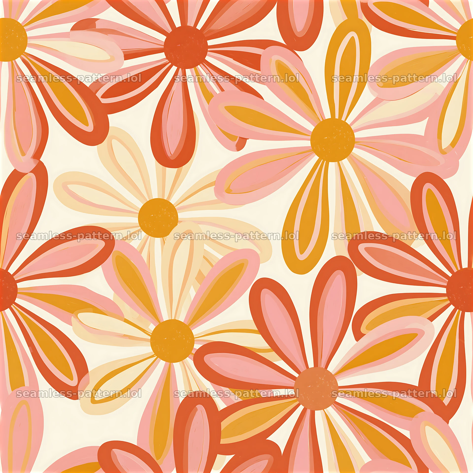 Retro daisies seamless pattern with bright oranges and soft pinks — seamless tileable pattern at 8192x8192