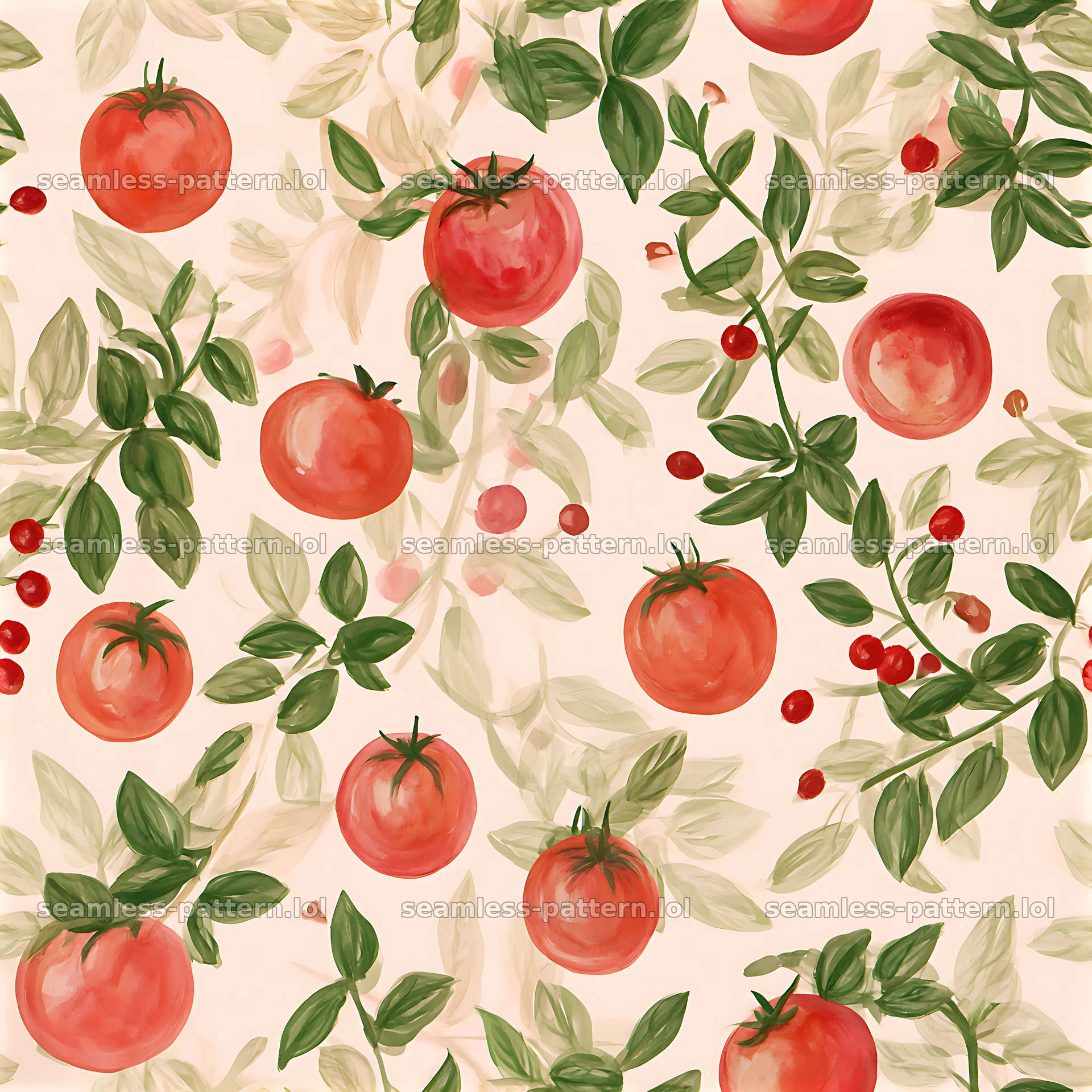 Seamless tomato basil pattern with red tomatoes and green leaves — seamless tileable pattern at 8192x8192