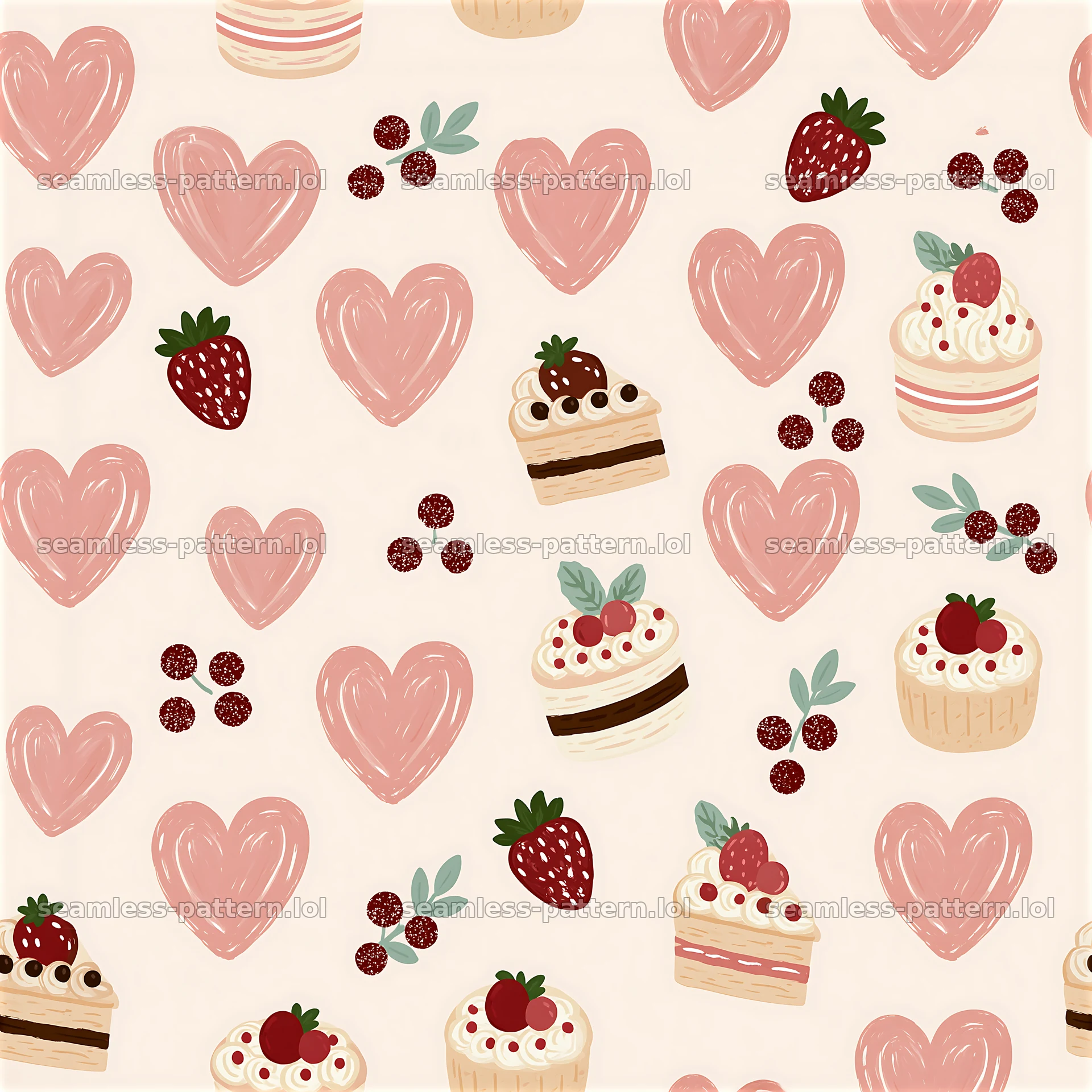 Seamless heart and dessert pattern with cakes and strawberries — seamless tileable pattern at 8192x8192