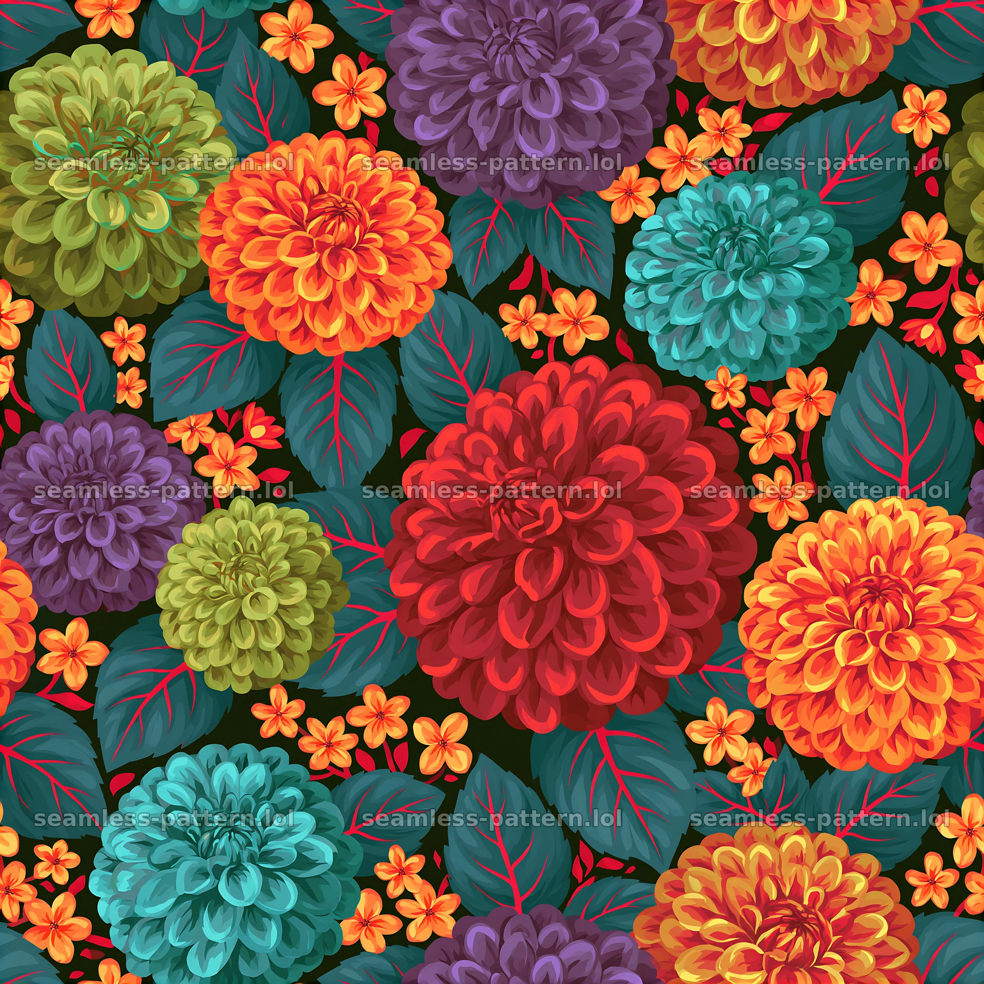 Rainbow floral repeat pattern with colorful flowers and dark leaves — seamless tileable pattern at 8192x8192