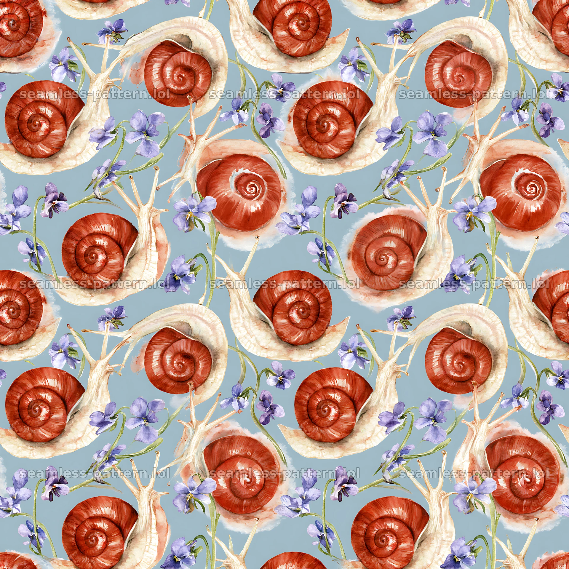 Red garden snail repeat pattern with floral accents — seamless tileable pattern