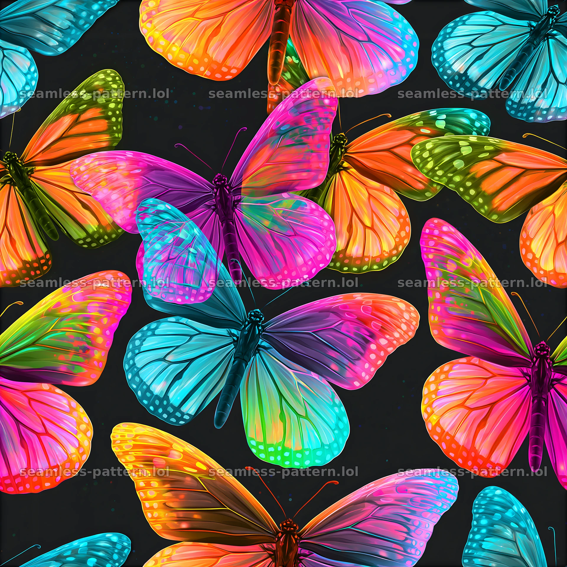 Vibrant butterflies seamless pattern on dark background with bright colors — seamless tileable pattern at 8192x8192