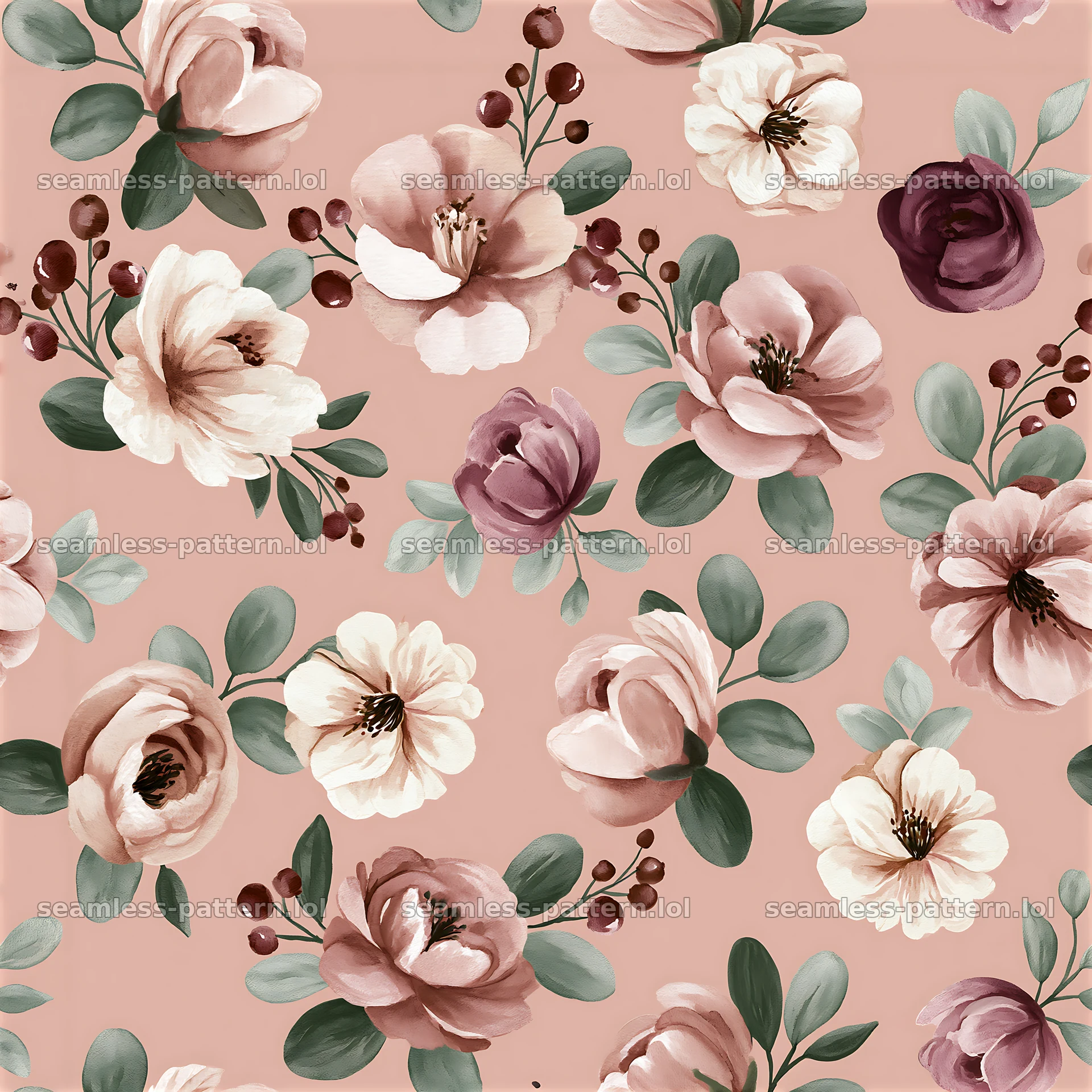Repeat watercolor scattered flower pattern with leaves — seamless tileable pattern at 8192x8192