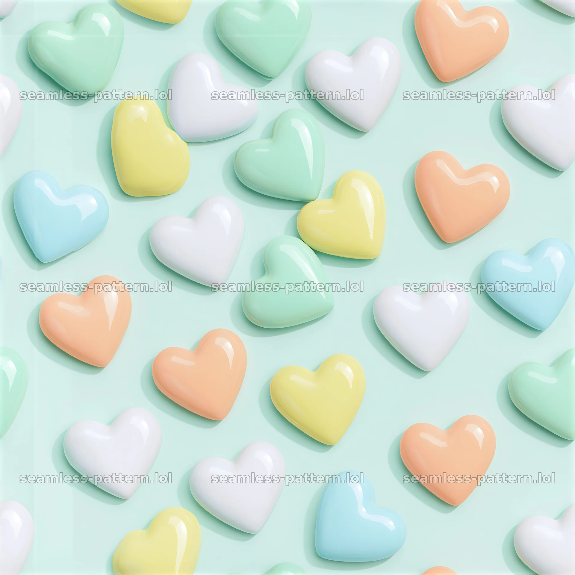 Ceramic hearts repeat pattern in pastel colors on light background — seamless tileable pattern at 8192x8192