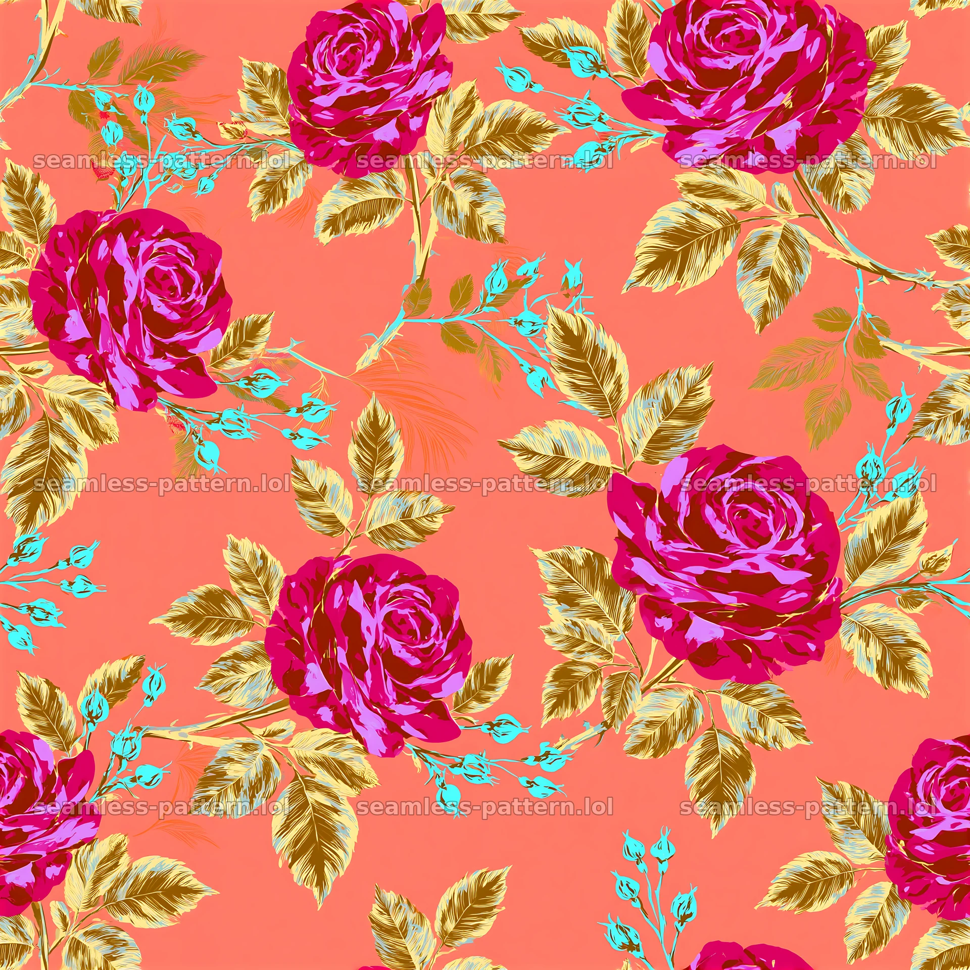 Cheerful rose seamless pattern on vibrant coral background with gold accents — seamless tileable pattern at 8192x8192