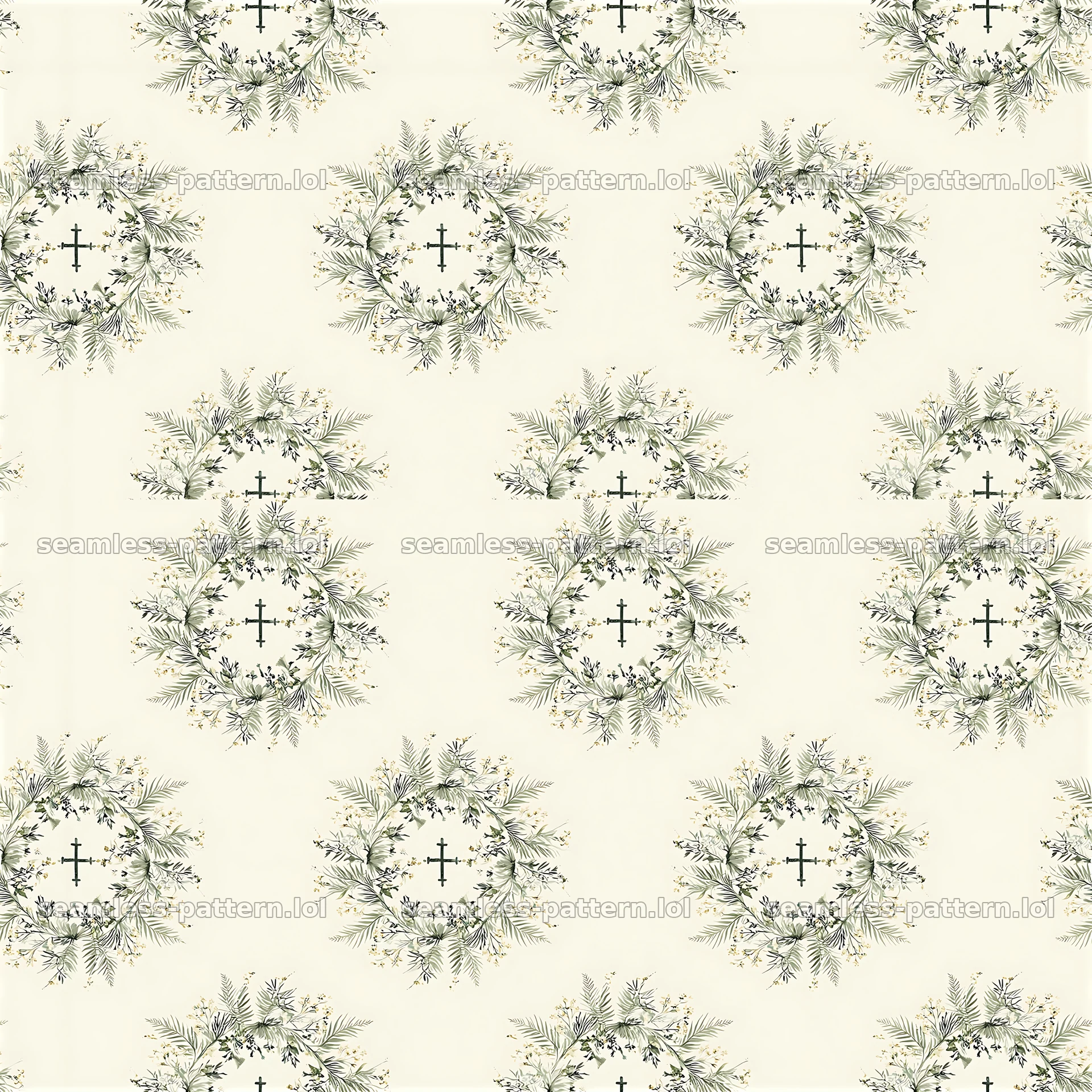 Repeating pattern of botanical wreaths surrounding small crosses — seamless tileable pattern at 8192x8192