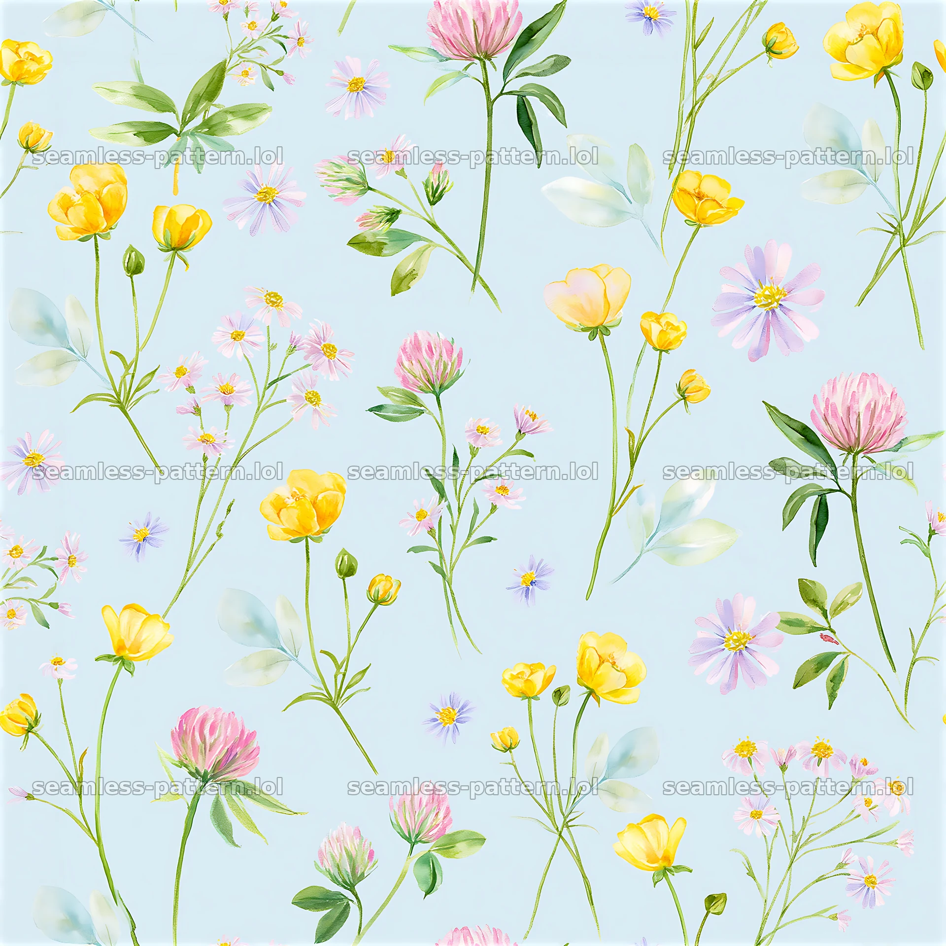 Meadow flower seamless pattern with colorful blooms and green leaves — seamless tileable pattern at 8192x8192