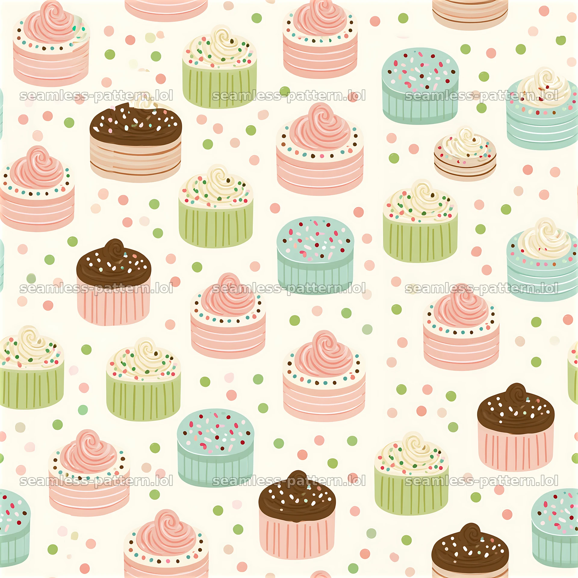 Birthday card tileable pattern with colorful cupcakes and dots — seamless tileable pattern at 8192x8192