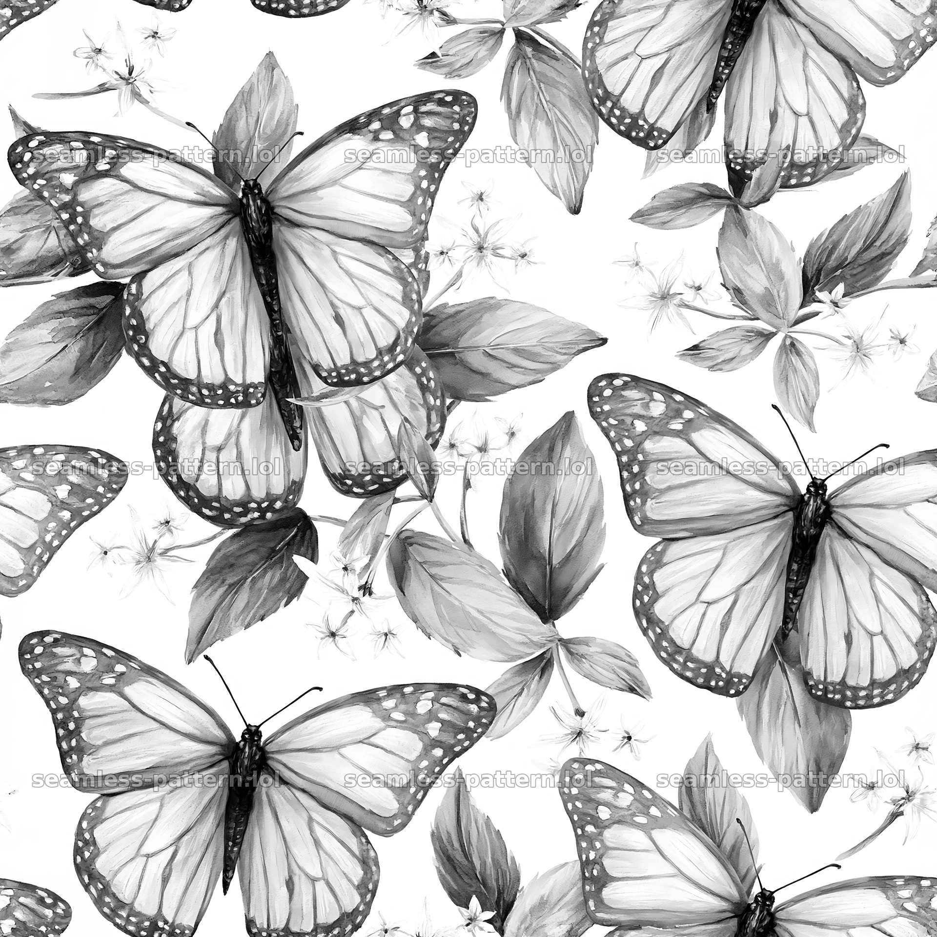 Watercolor butterfly seamless pattern in black and white — seamless tileable pattern