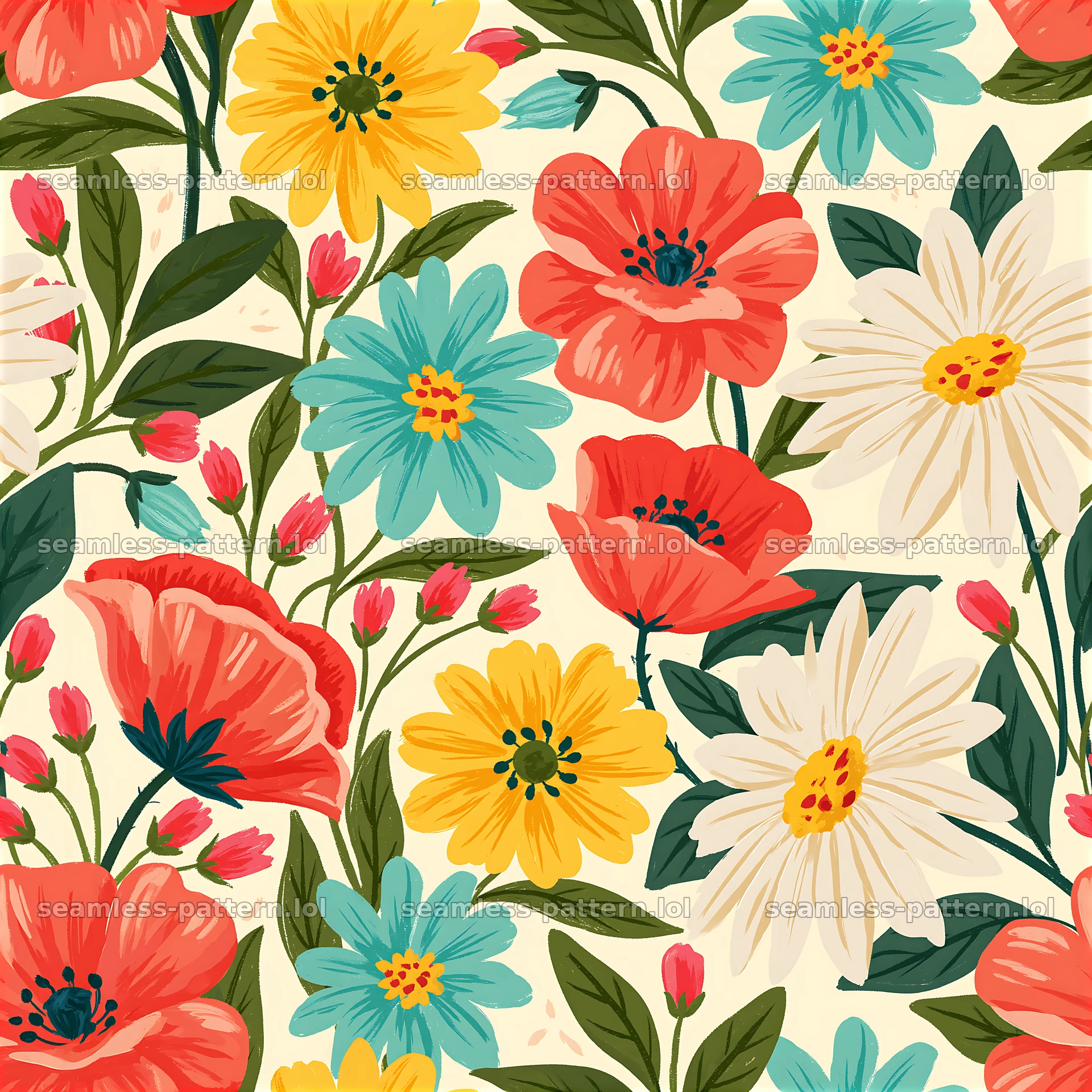 Pattern/colorful flower tileable pattern with various flowers — seamless tileable pattern at 8192x8192