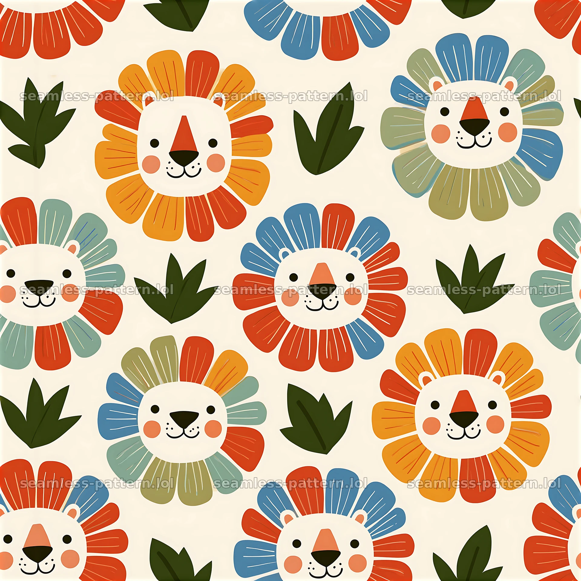 Modern lion face repeating pattern with floral elements — seamless tileable pattern at 8192x8192