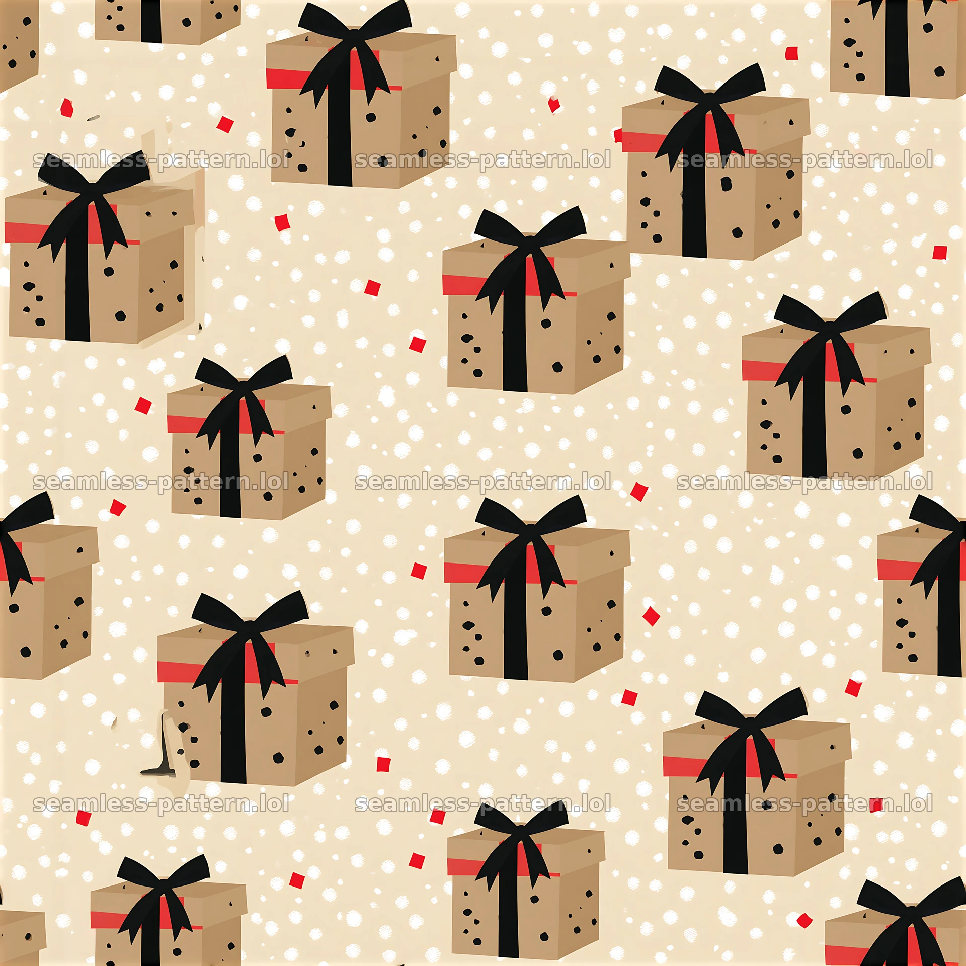 Seamless birthday gift boxes pattern with colorful bows and confetti — seamless tileable pattern at 8192x8192